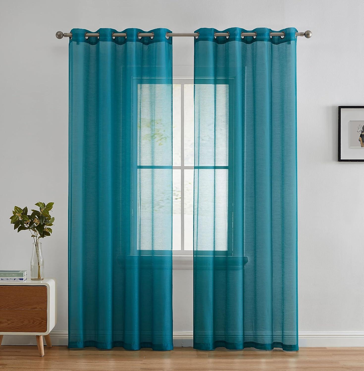 HLC.ME Semi Sheer Voile Light Filtering Transparent Window Curtain Grommet Panels - Set of 2 - Teal, 54 W x 84 L