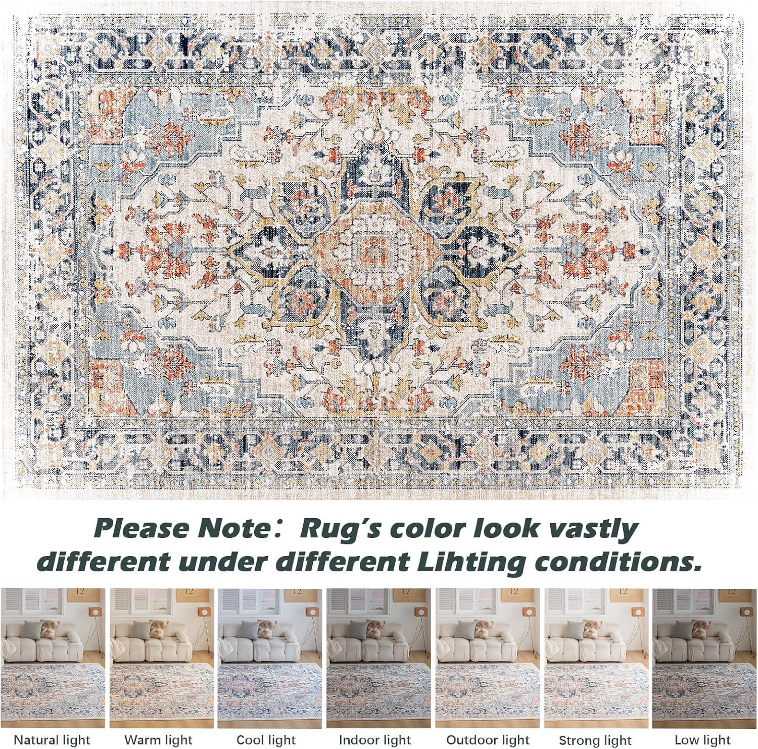 VK VK·LIVING 9x12 Area Rug Washable Rugs for Living Room Rug Vintage Design Boho Rug with Non Slip Living Room Rug Bedroom Carpet Stain Resistant, Home Decor, Blue&Orange