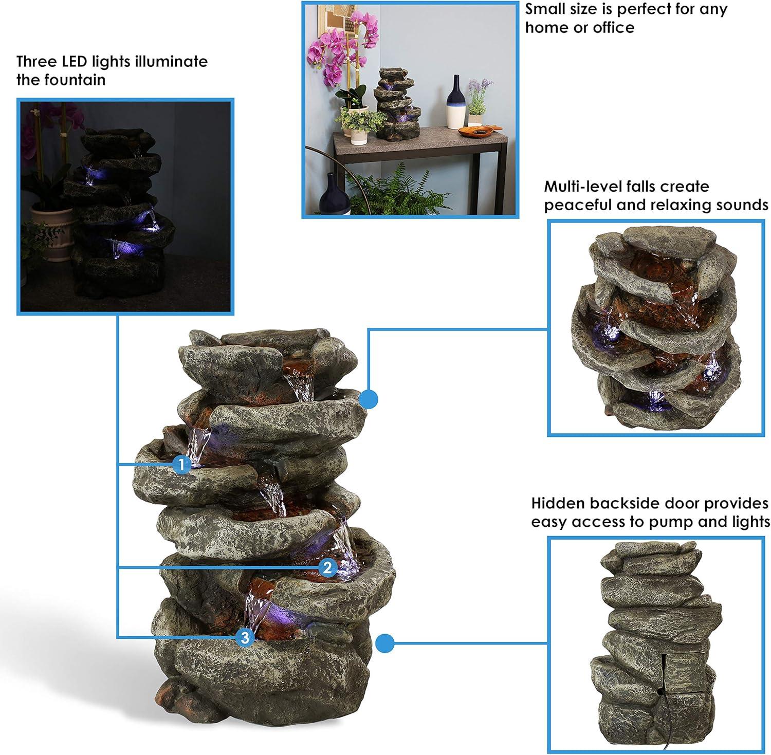 Sunnydaze Indoor Home Office Relaxing 6-Tiered Stone Falls Tabletop Water Fountain with LED Lights - 15"