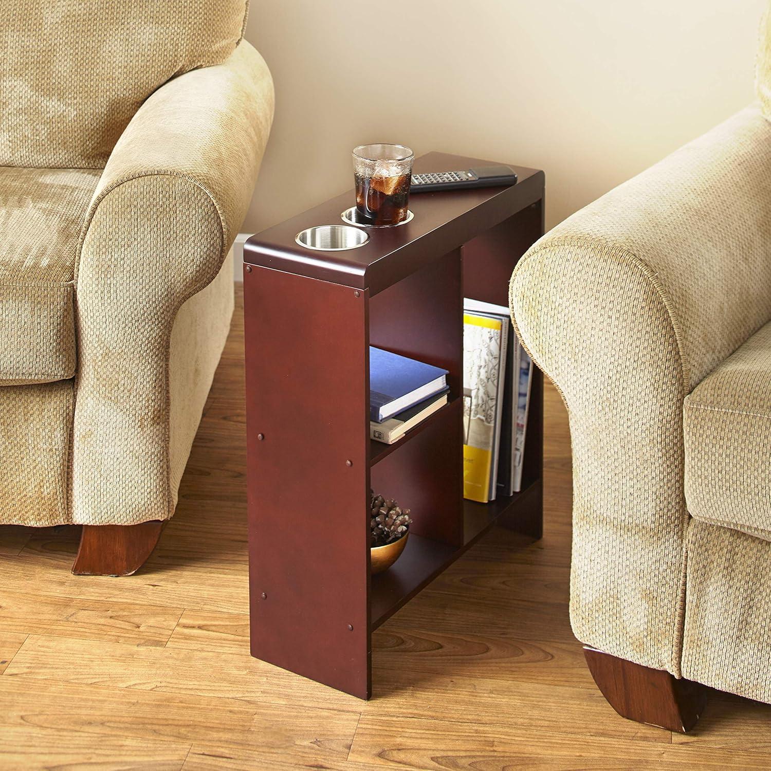 Slim Wood End Table with Drink Holders and Built-in Shelving - Walnut Finish