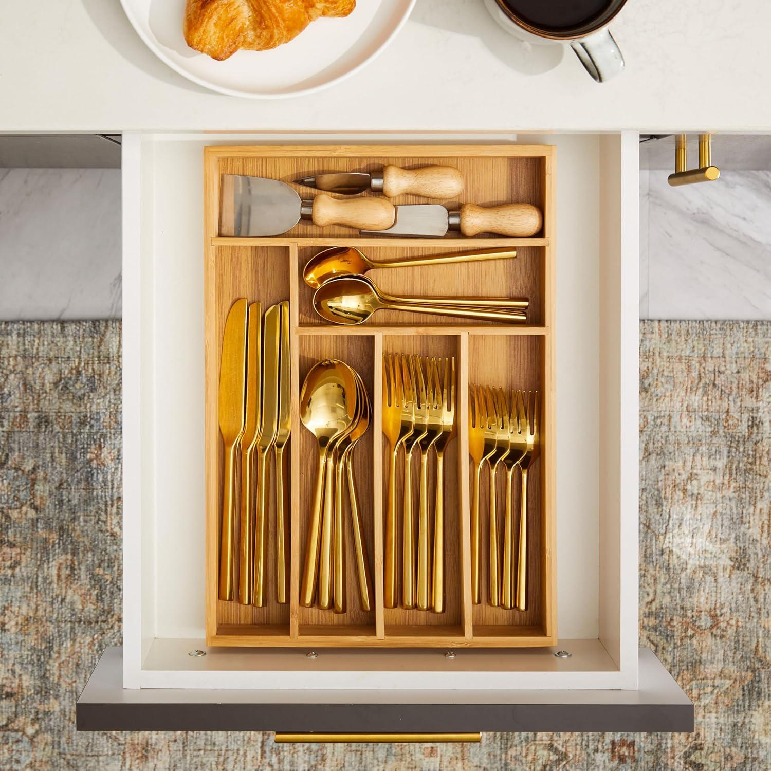 Bamboo Silverware Drawer Organizer with 6 Slots, Wooden Cutlery Tray Holder for Kitchen, Flatware, Utensils, 14.5 x 10.25 x 1.75 In