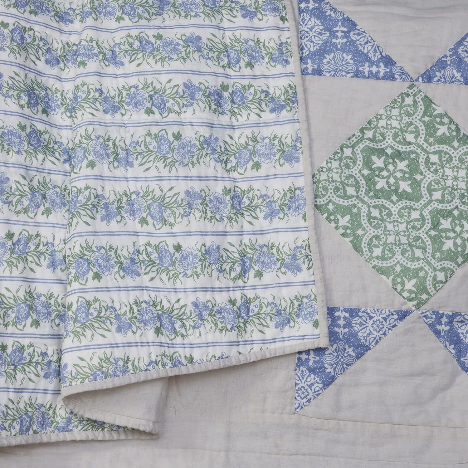 VHC Brands Jolie Blue and Green Patchwork Cotton Quilt, Twin - Reversible