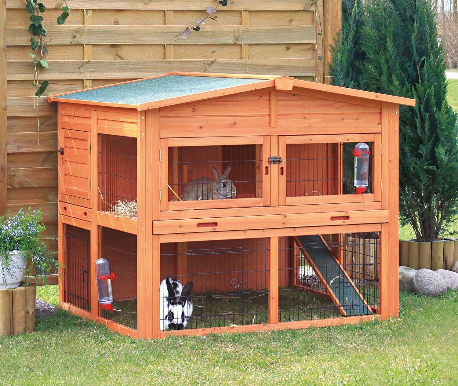 TRIXIE Deluxe 2-Story Rabbit Hutch with Run, Attic Storage Ramp, Ideal for Rabbits Guinea Pigs