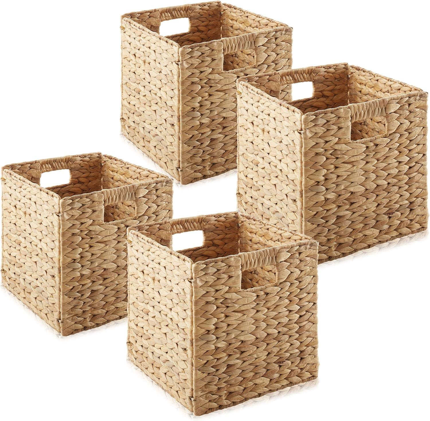 Casafield 10.5" x 10.5" Water Hyacinth Storage Baskets - Set of 2 Collapsible Cubes, Woven Bin Organizers for Bathroom, Bedroom, Laundry, Pantry