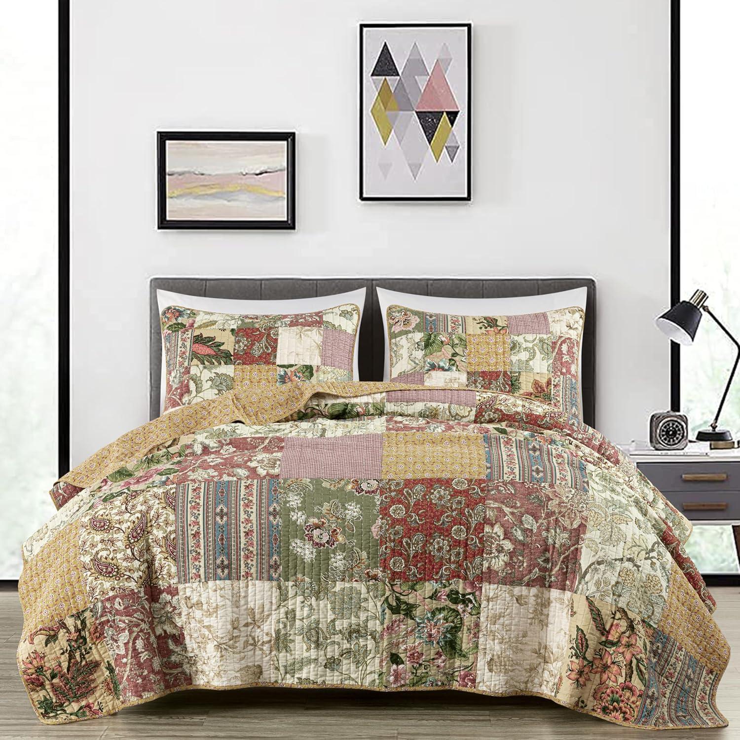 Chezmoi Collection Delaney 3-Piece Floral Patchwork Reversible 100% Cotton Vintage Washed Quilt Set