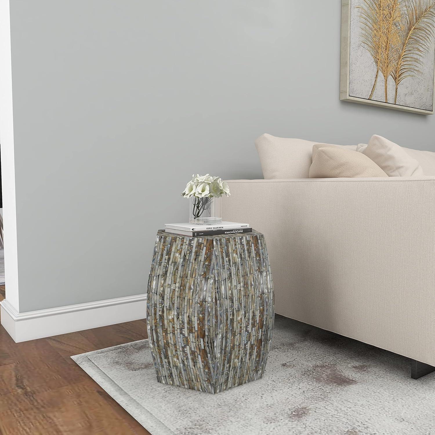 Wrought Studio™ Alissa Mother of Pearl Shell Handmade Shell Mosaic Hexagon Side End Gray Accent Table with Brown Accents