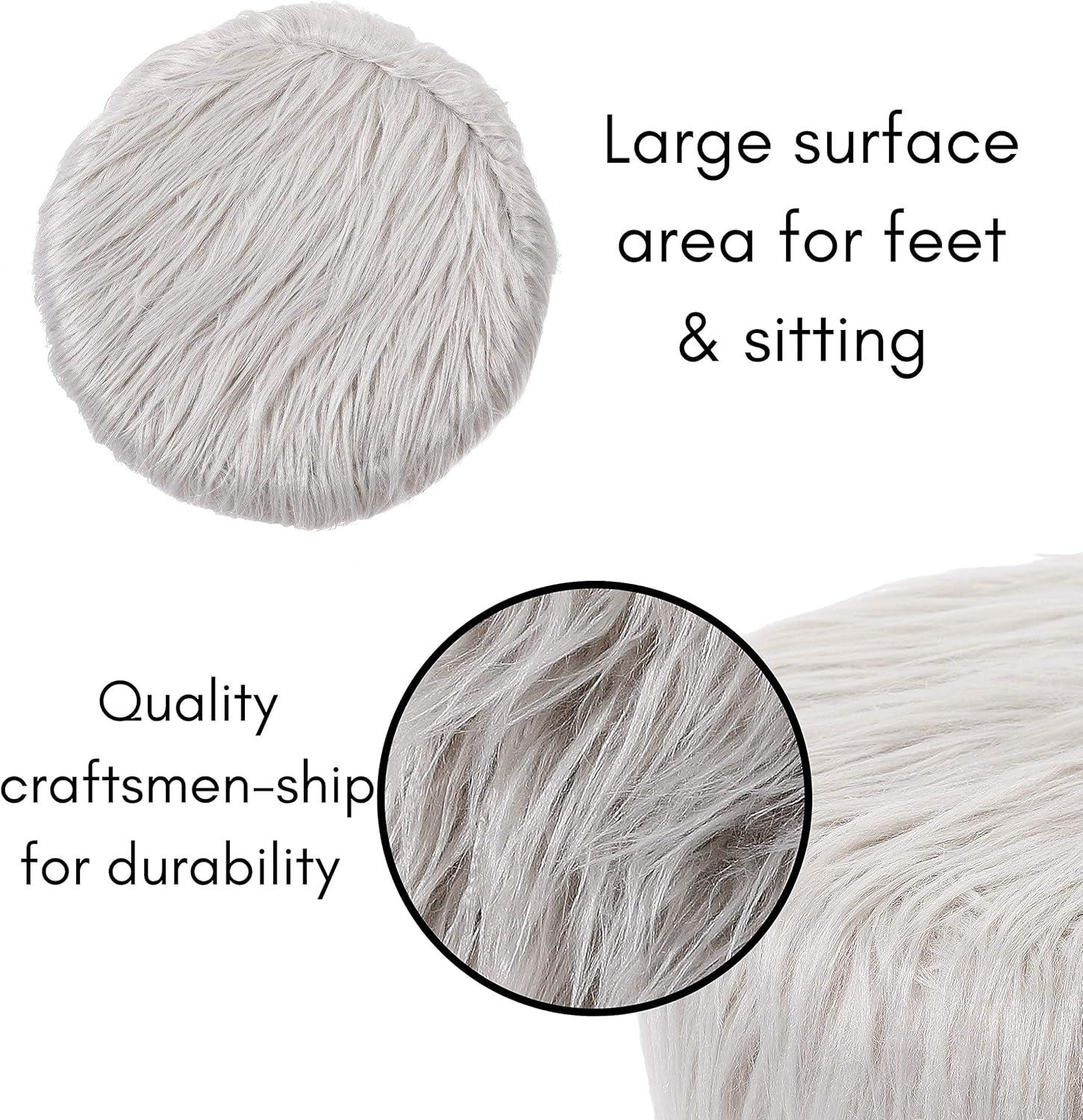 BirdRock Home Faux Fur Foot Stool Ottoman with Wood Legs - Silver