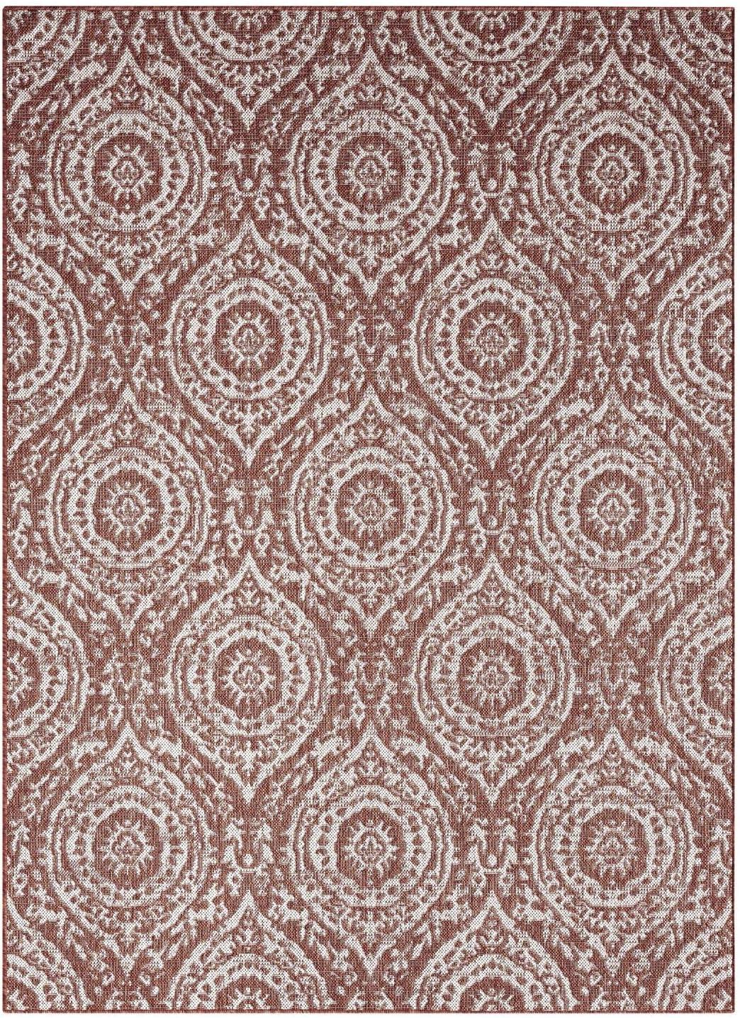 Terracotta & Ivory Moroccan Damask 8' x 10' Synthetic Outdoor Rug