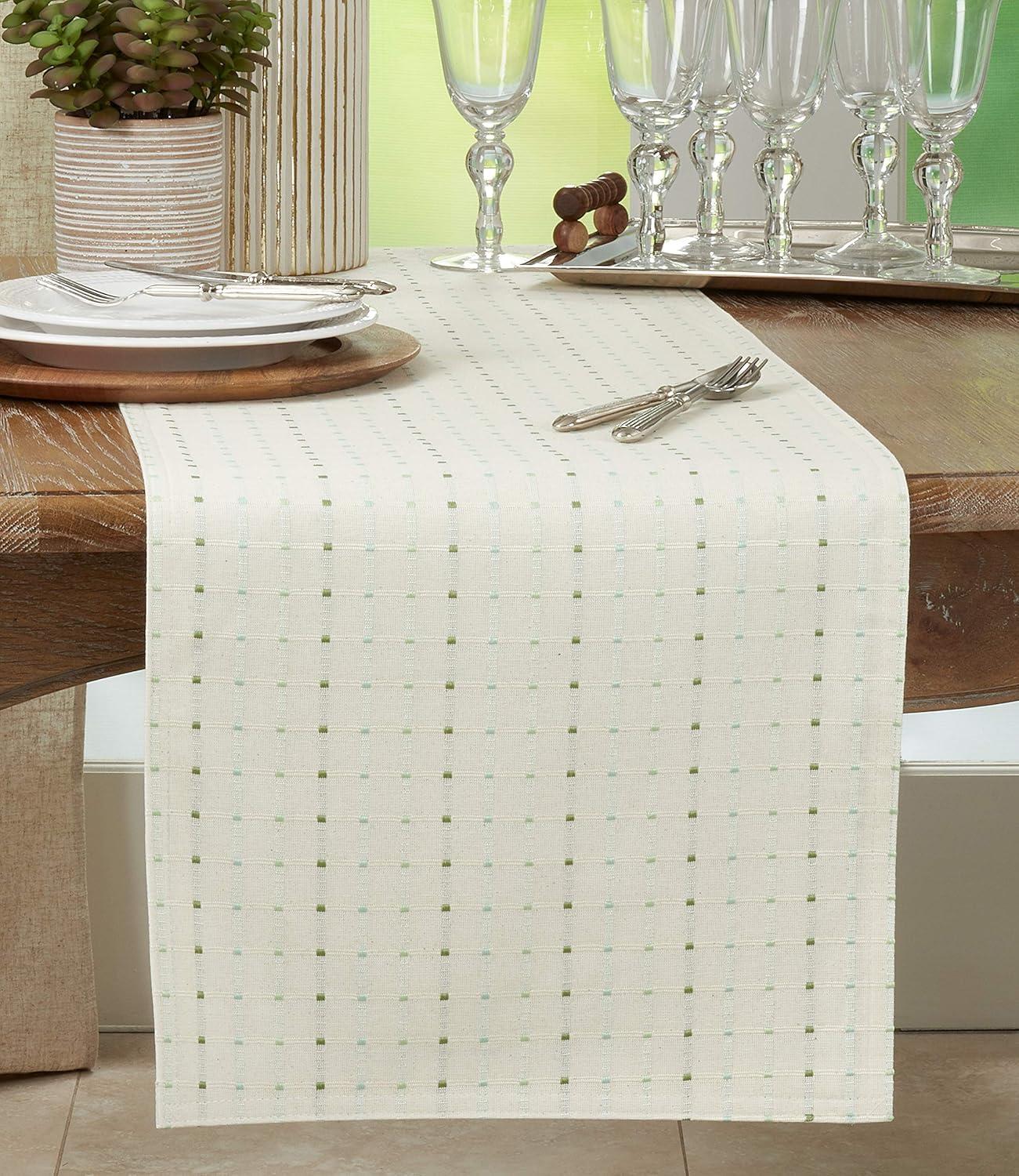 White Cotton Blend Stitched Line Table Runner