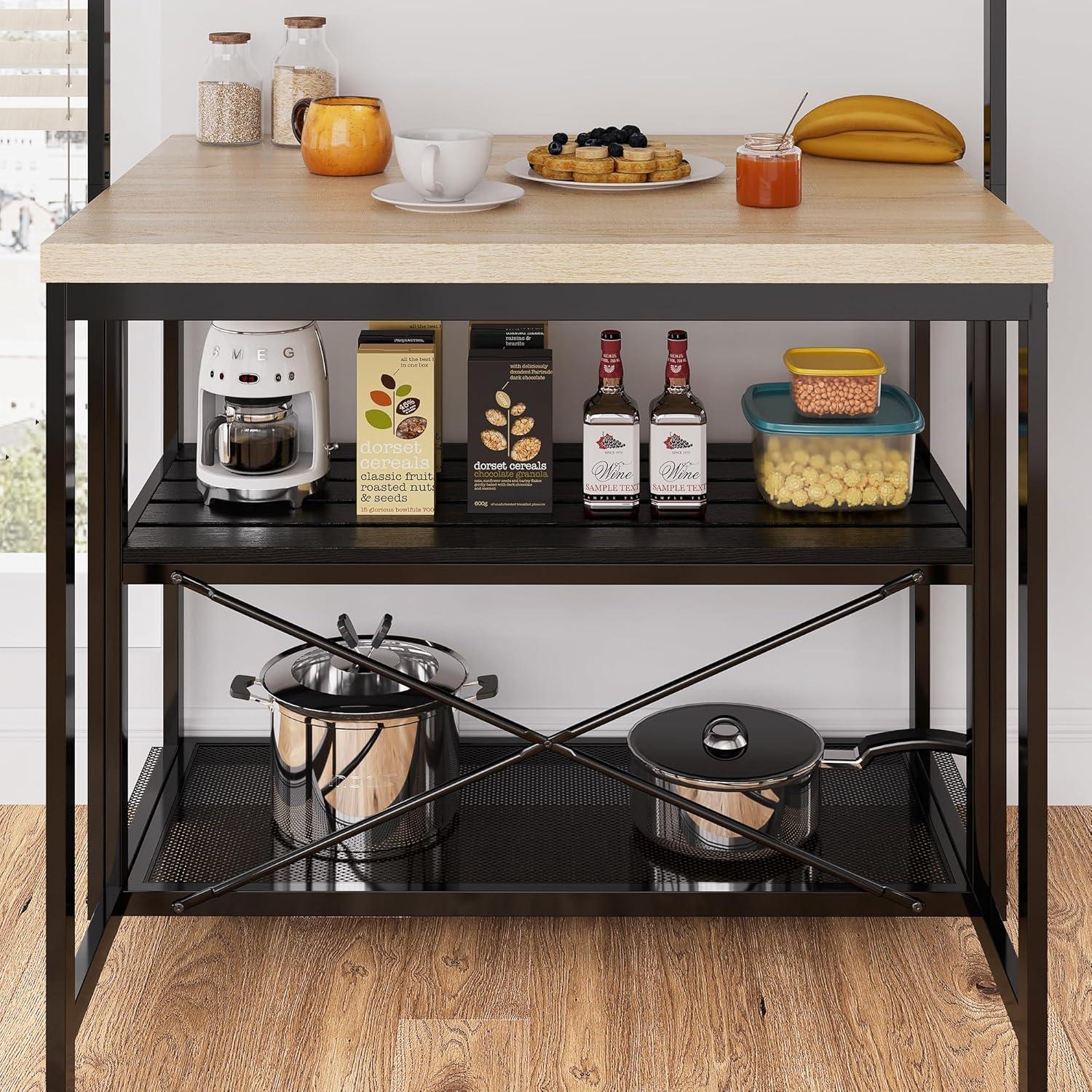 42" Large Kitchen Island Bakers Rack Microwave Oven Stand Shelf with 3 Tier Storage, Metal Coffee Bar Table,Kitchen Storage for Dining Living Room, 5 Hooks, 43.7 * 27.9 * 72