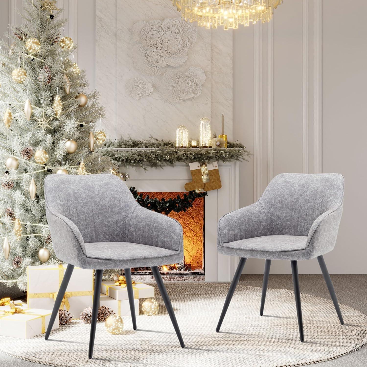 Gray Faux Leather Accent Chairs with Metal Legs, Set of 2