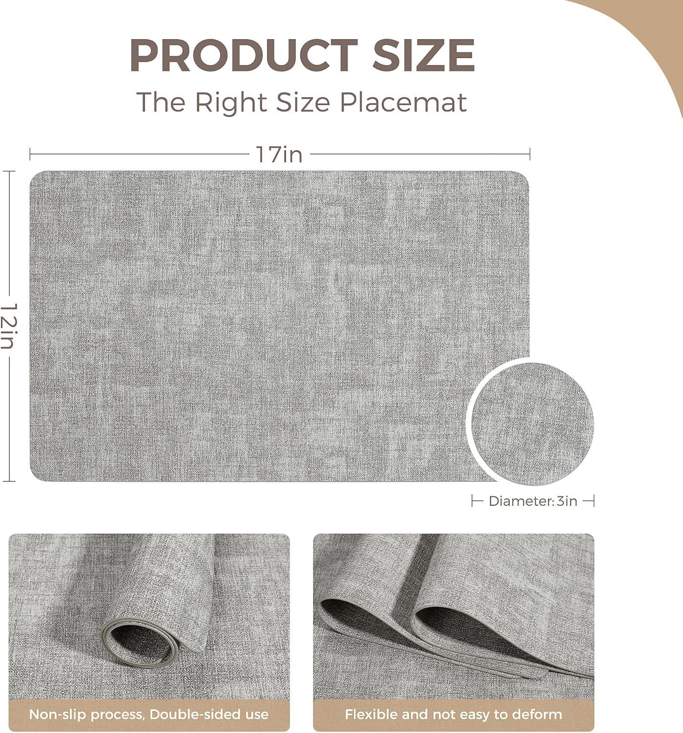 FOCUSLINE Faux Leather Placemats Set of 6, Light Grey Table Place Mats, Waterproof and Non-Slip Dining Table Mats for Indoor & Outdoor Use