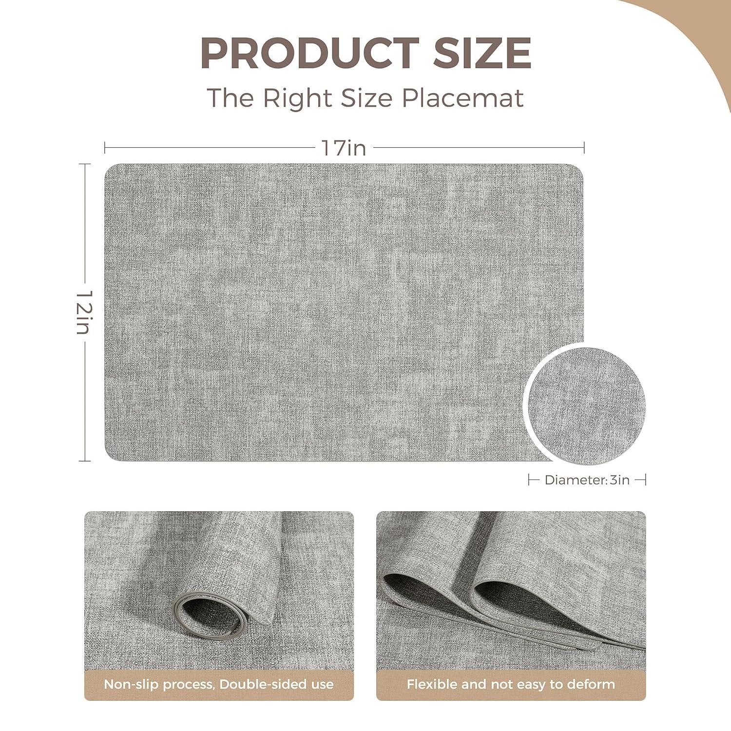 FOCUSLINE Faux Leather Placemats Set of 6, Light Grey Table Place Mats, Waterproof and Non-Slip Dining Table Mats for Indoor & Outdoor Use