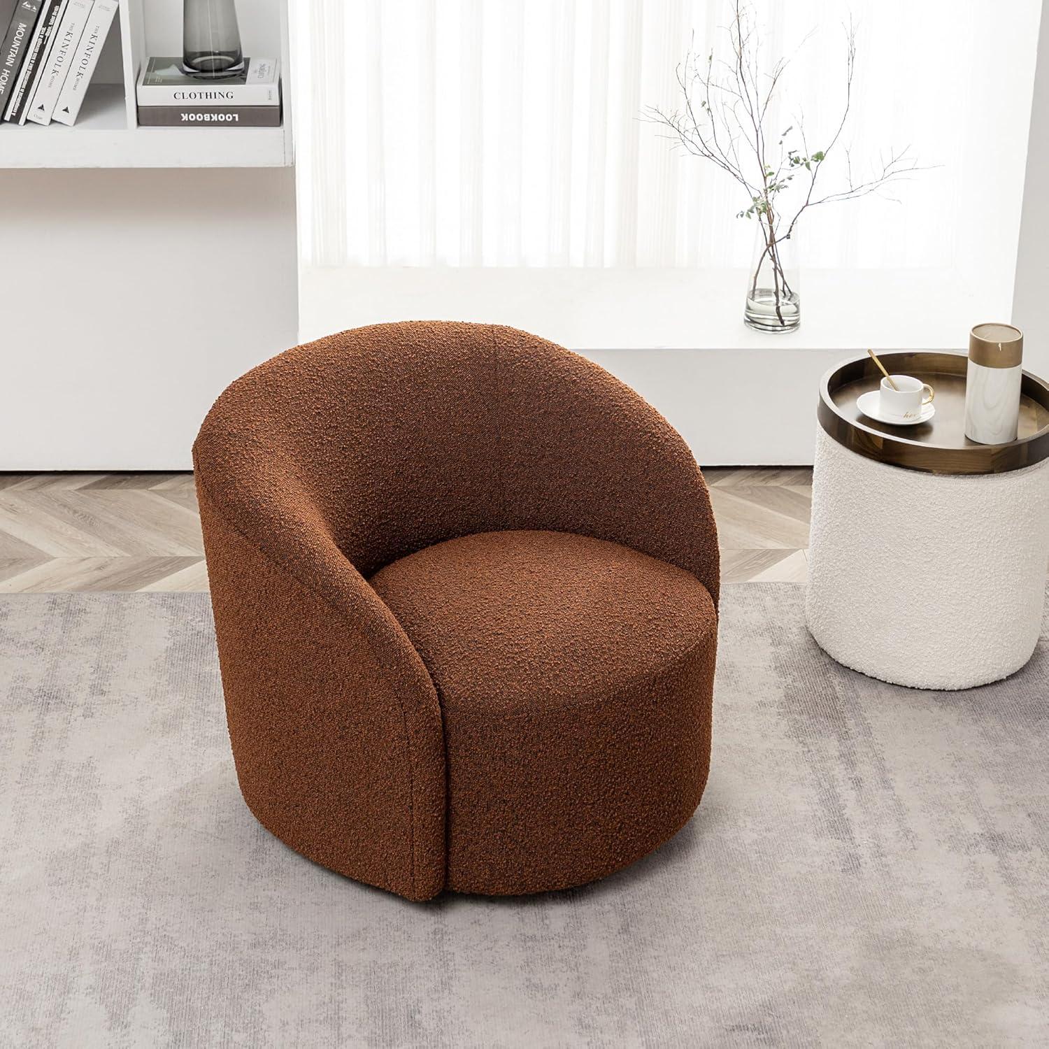 Brown Boucle Upholstered Swivel Barrel Accent Chair with Wooden Legs