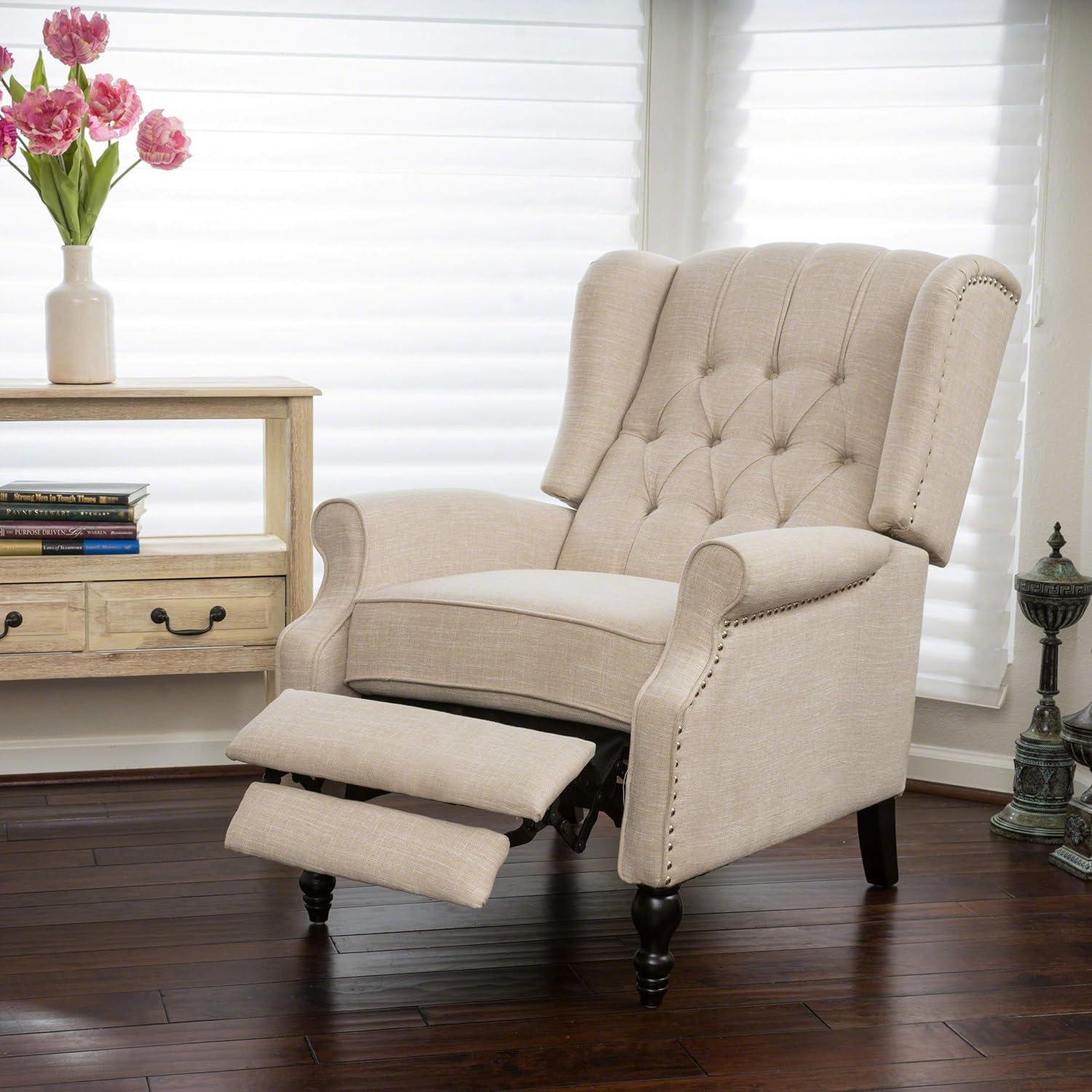 Walter Light Beige Fabric Recliner Club Chair - Christopher Knight Home: Elegant Tufted Wingback, Nailhead Trim, Polyester Upholstery