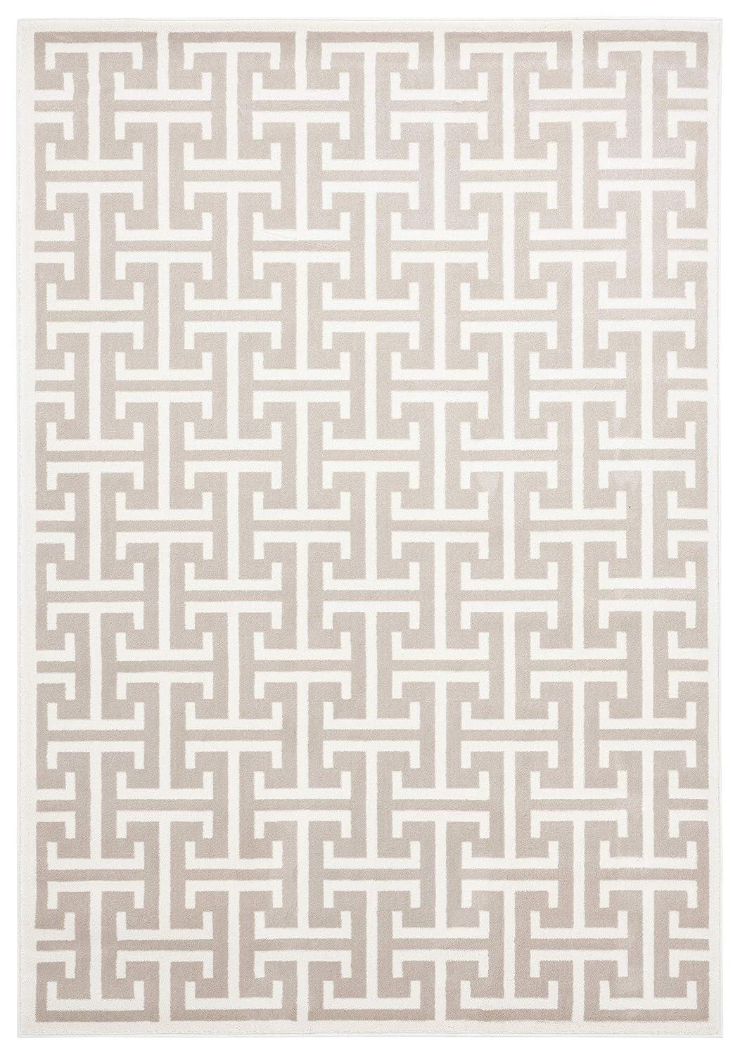 Beige and White Geometric 4' x 6' Synthetic Area Rug