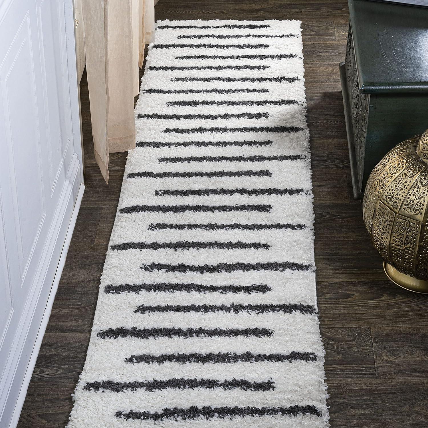 2'x10' Alaro Berber Stripe Shag Runner Rug, White - JONATHAN Y