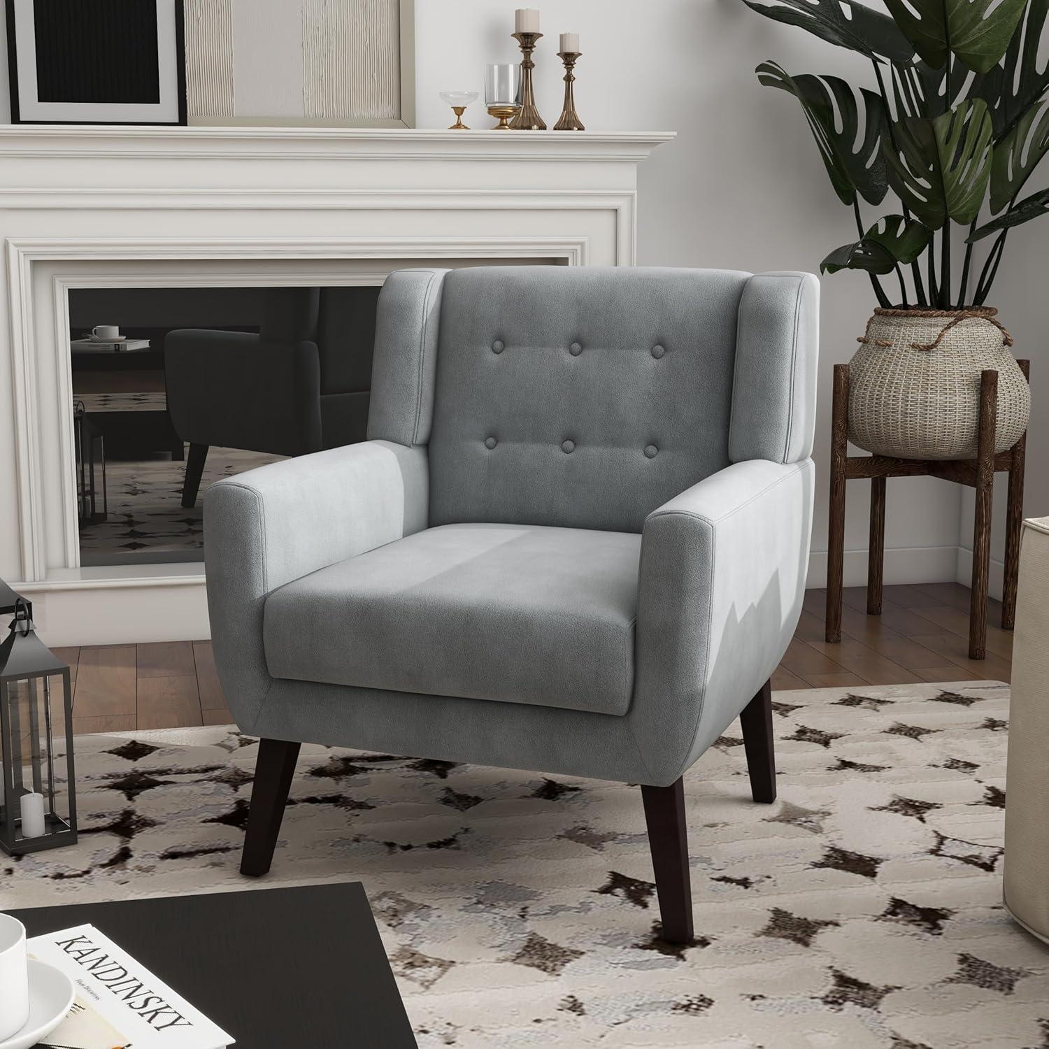 Gray Velvet Upholstered Accent Chair with Wooden Legs