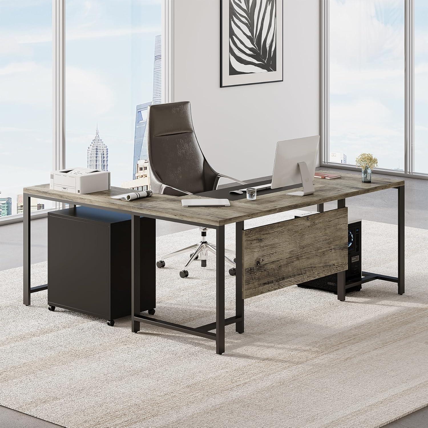 Tribesigns 70.8" Executive Desk with 55" File Cabinet, Industrial L Shaped Computer Desk, Large Executive Desk for Home Office, Walnut & White