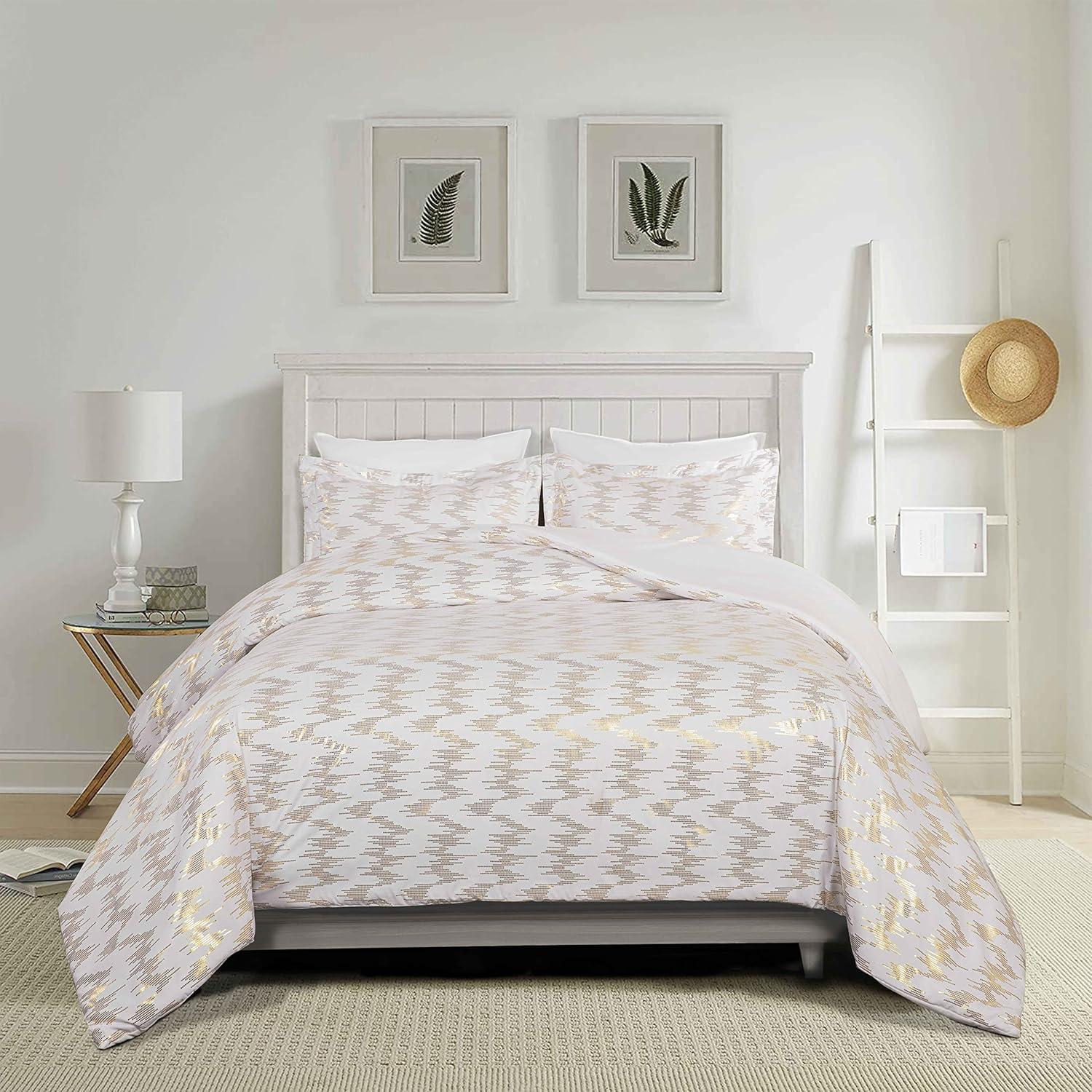 Samantha Queen White and Gold Microfiber Comforter Set