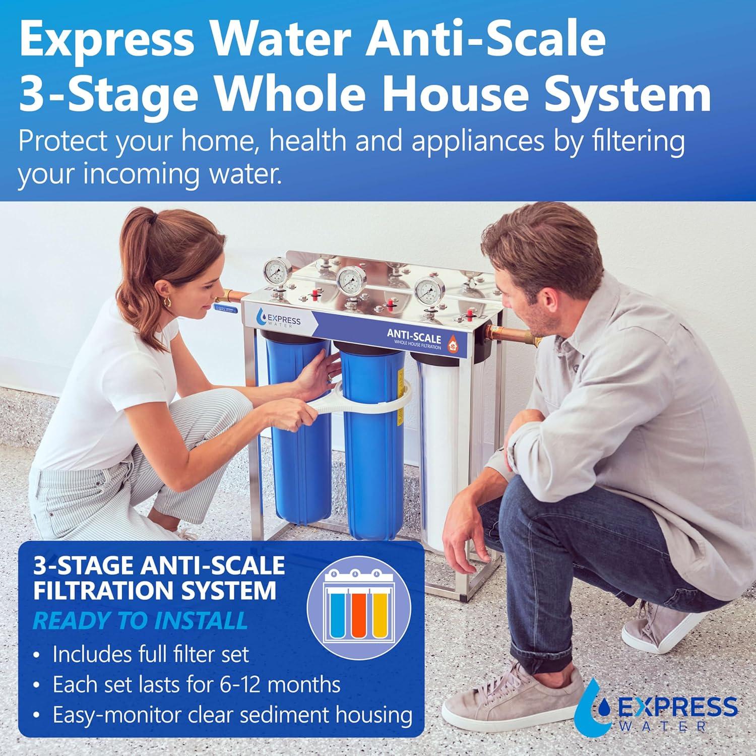 Express Water Whole House Water Filter, 3 Stage Water Filtration, Sediment, Polyphosphate Anti-Scale, Carbon Filters Includes Pressure Gauges, Easy Release, and 1 Inch Connections, 23.5" x 8.5" x 30"