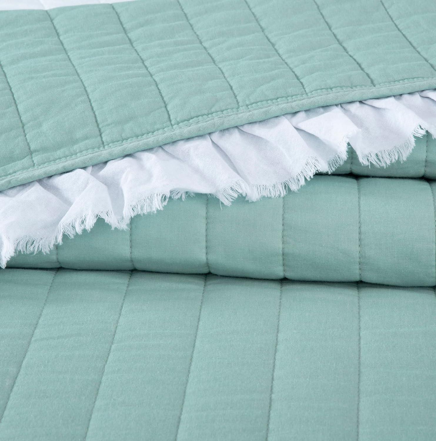 Chezmoi Collection Bonnie 3-Piece 100% Cotton Quilt Set King Size, Aqua - Double Frayed Ruffled Edge Lightweight Pre-Washed Soft-Finished Cotton Bedspread for All Season