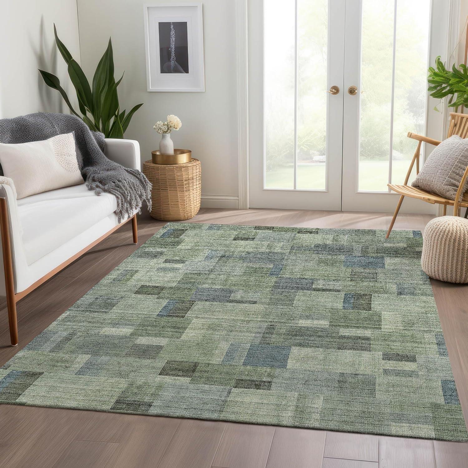 Green and Gray Synthetic Flat Woven Washable Area Rug