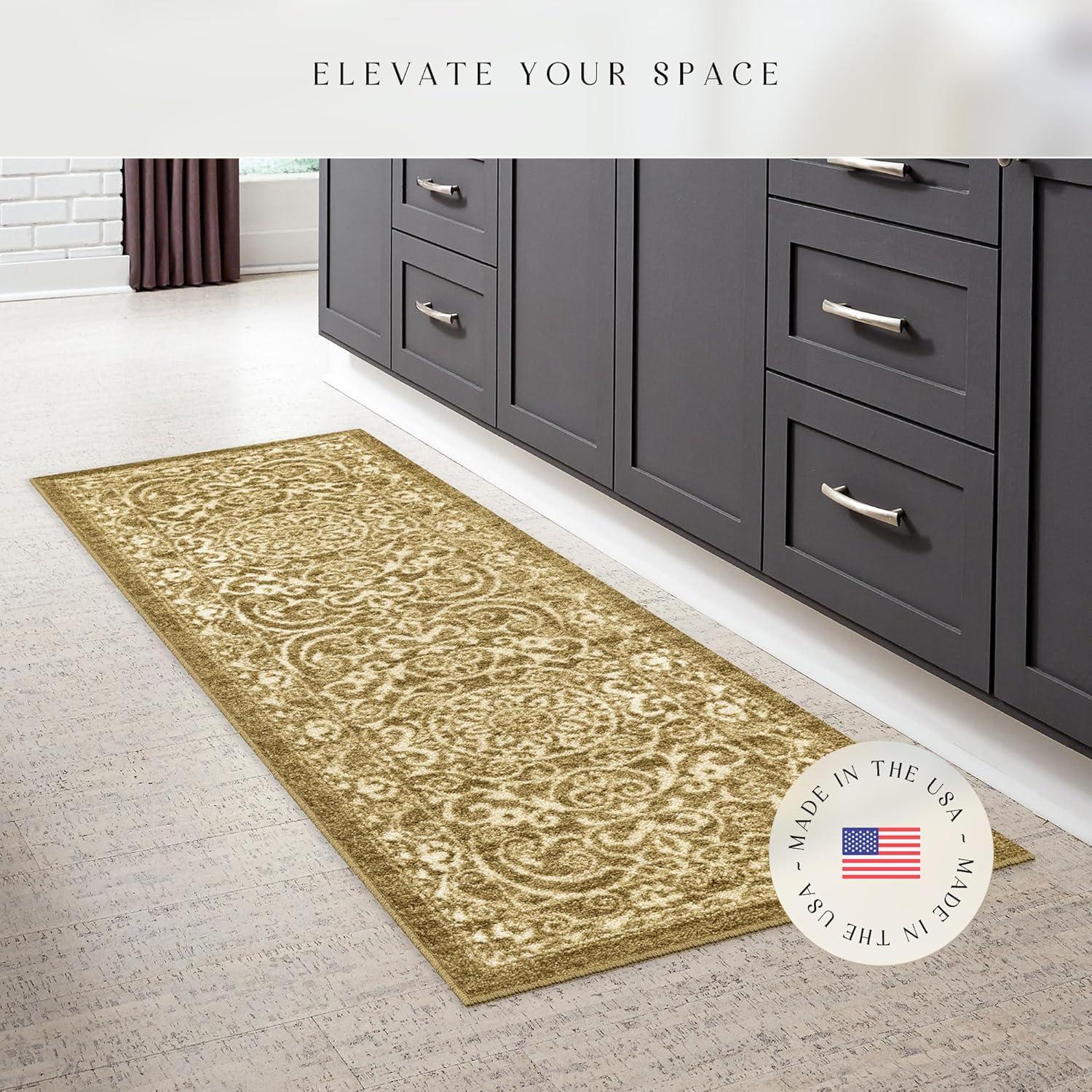 Maples Rugs Pelham Transitional Vintage Scroll Khaki Washable Hallway Runner Rug, 2' x 6'