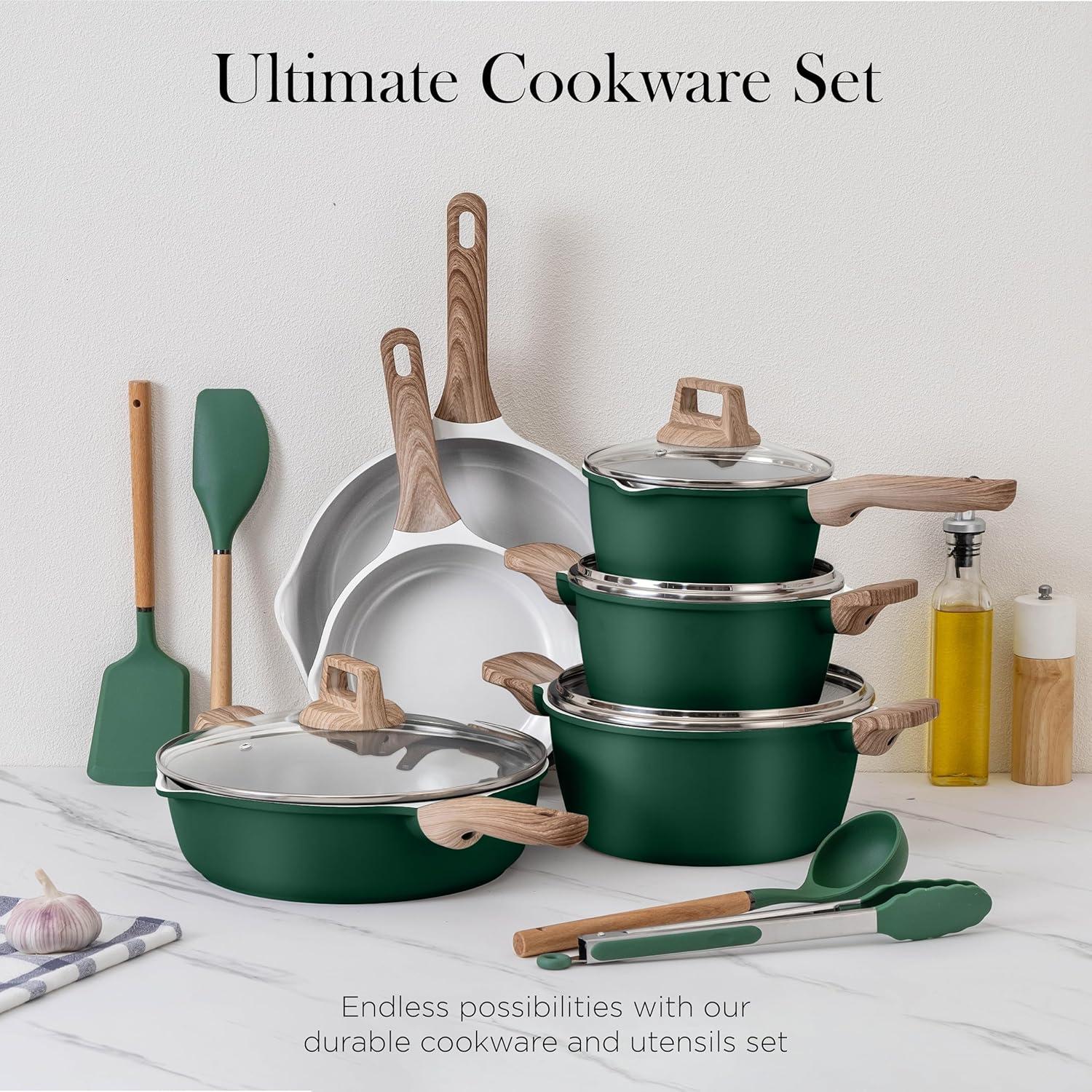 Sage Green Nonstick Cast Aluminum 14-Piece Cookware Set with Utensils