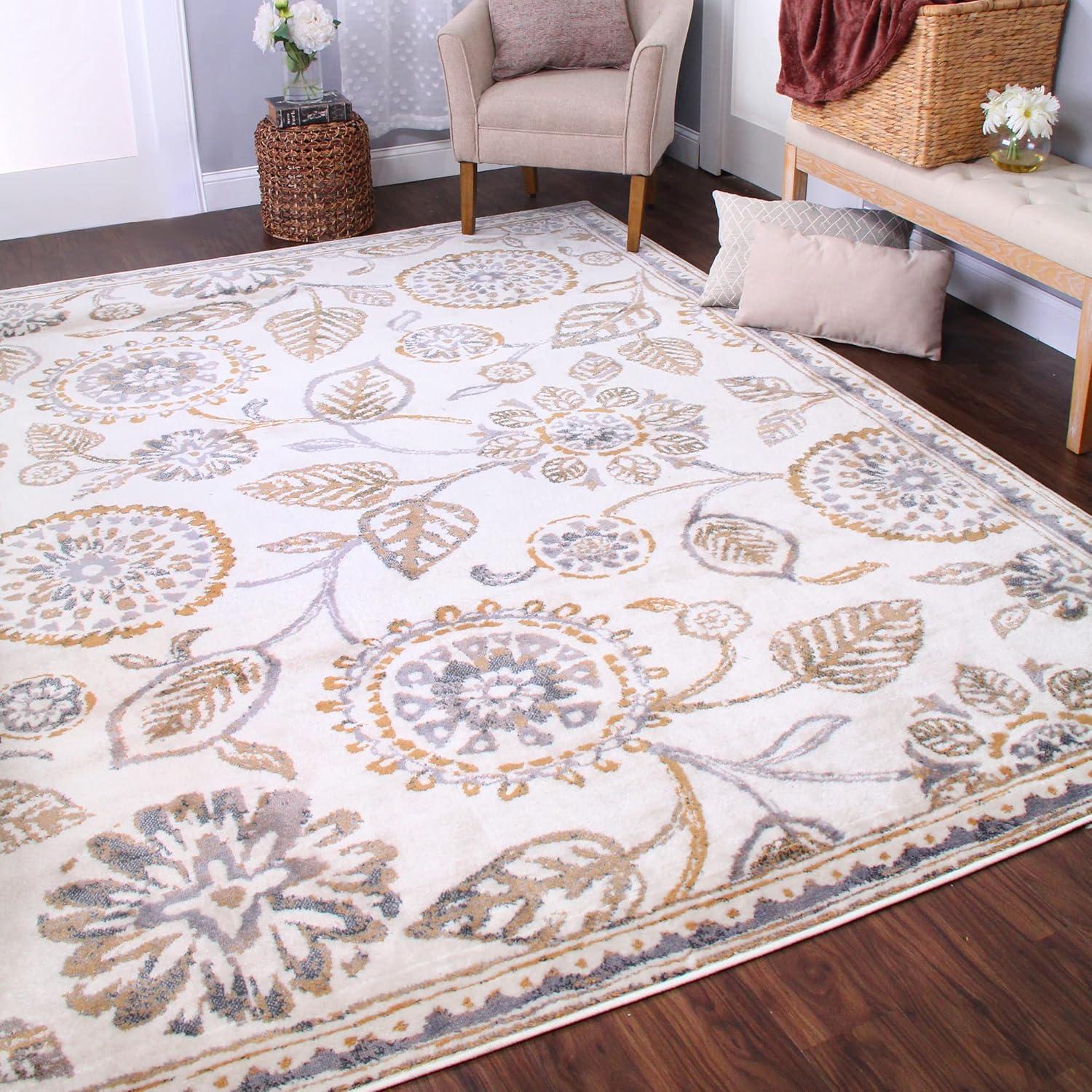 SUPERIOR Indoor Small Area Rug, Jute Backed, Modern Floral Farmhouse Floor Decor, Perfect for Hallway, Entryway, Living/Dining Room, Bedroom, Office, Kitchen, Amary Collection - 5' x 8', Grey