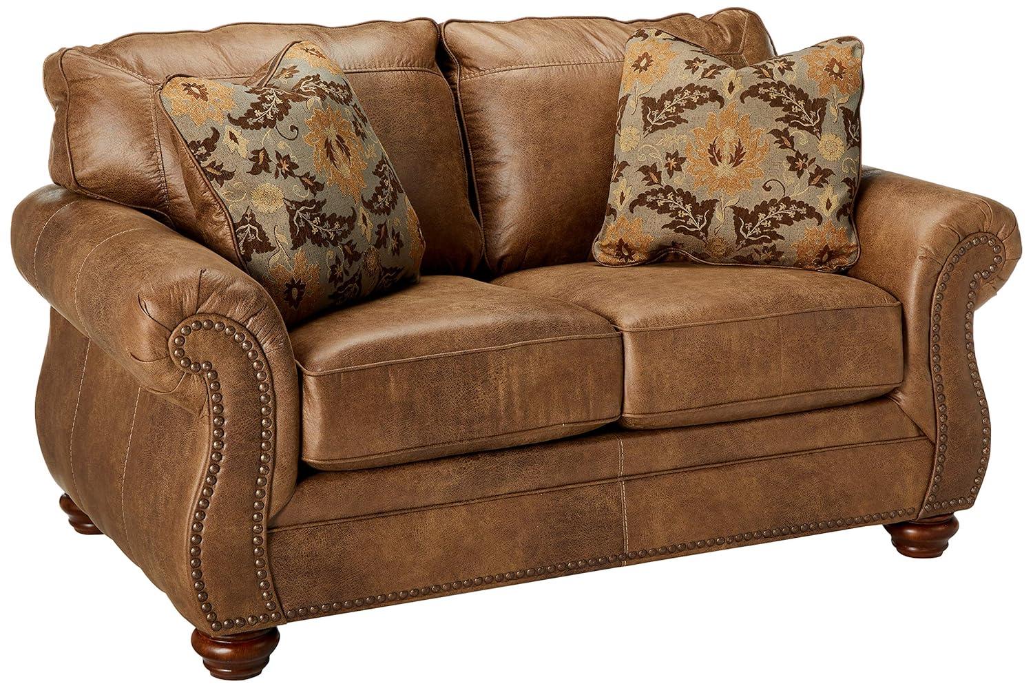 Brown Faux Leather Traditional Loveseat with Rolled Arms and Nailhead Trim