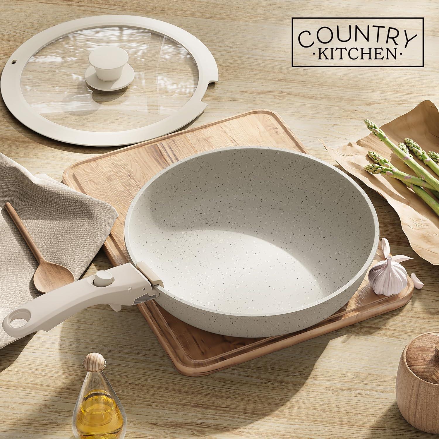 Country Kitchen 13-Pc Pots and Pans Set with Removable Handles Nonstick Cookware Set, Cream