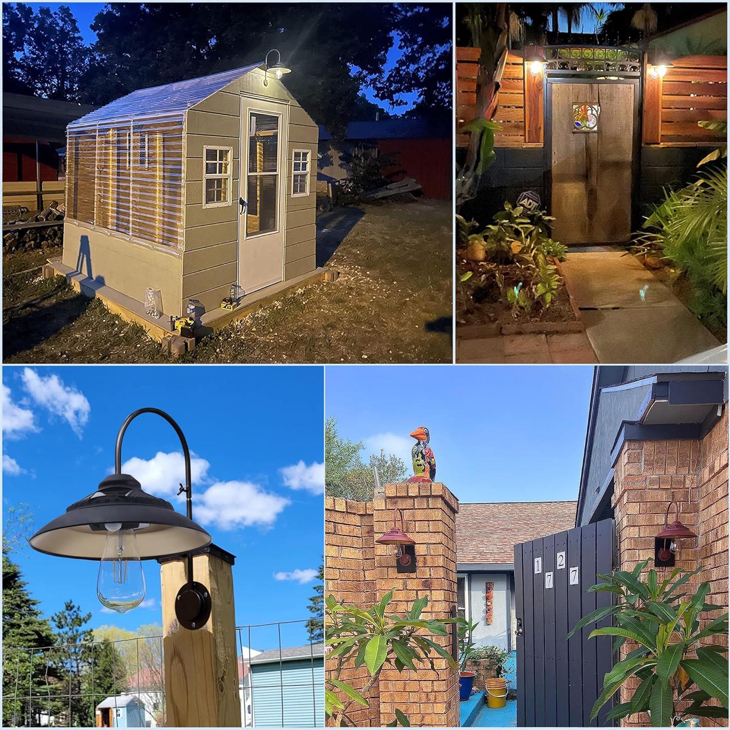 Goodeco Solar Barn Light with Motion Sensor - Metal Design Outdoor Lights - 4 High Efficiency Solar Panels with Clear Glass LED Edison Bulb, Perfect Chicken Coop Light & More (Black)