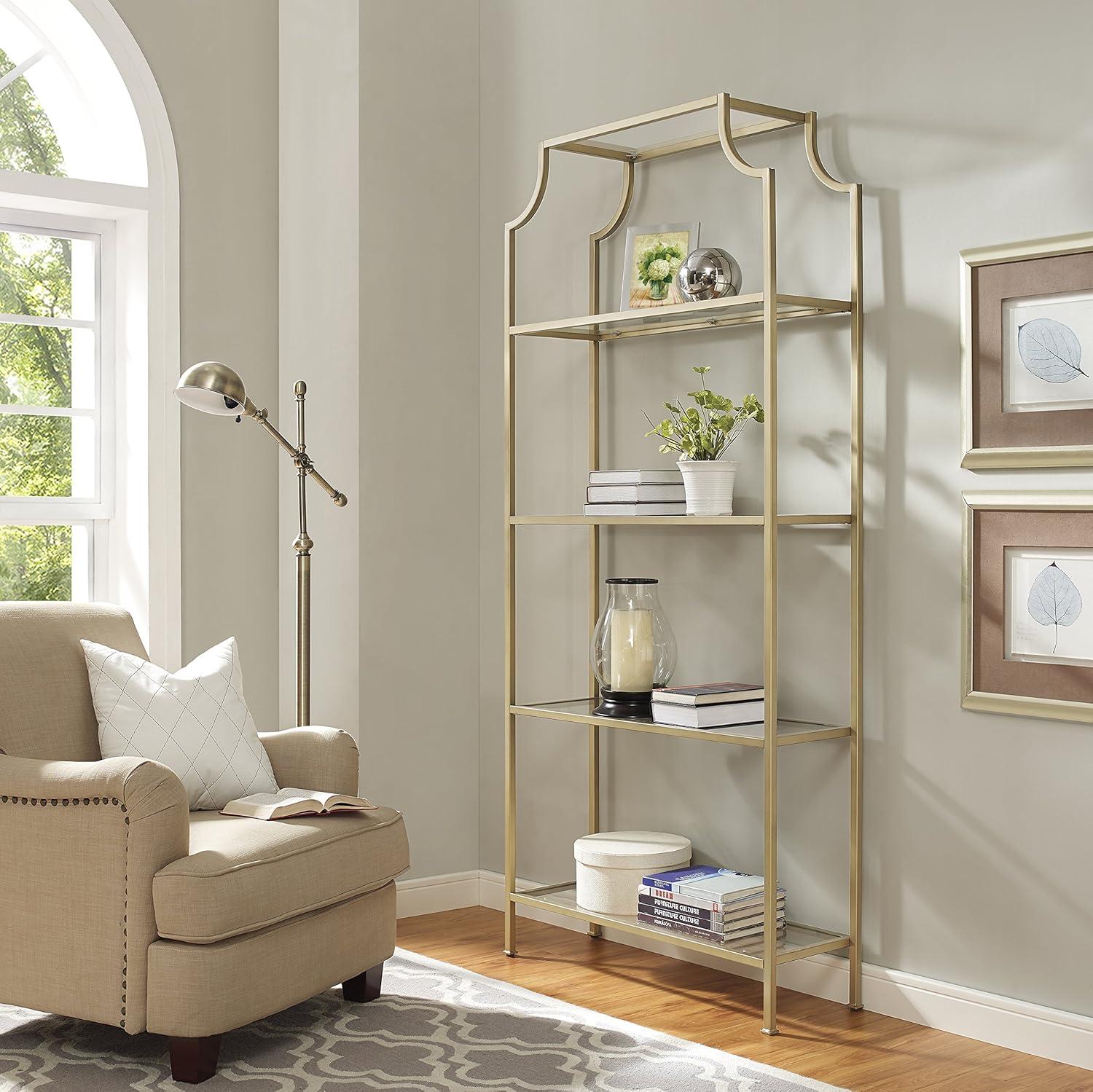 Crosley 80.5" Aimee Etagere Gold: Modern Style, 4-Tier, Tempered Glass Shelves, Steel Frame