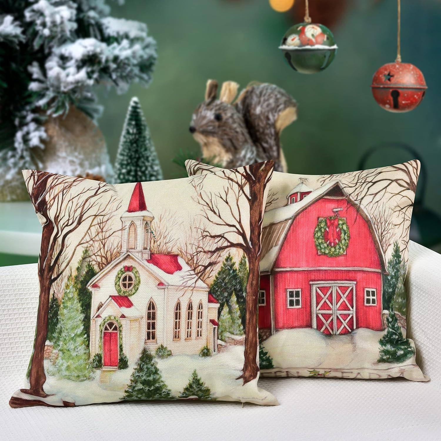 Hlonon Christmas Decorations Christmas Pillow Covers 18 x 18 Inches Set of 4 - Xmas Series Cushion Pillow Cover Custom Zippered Square Pillowcase