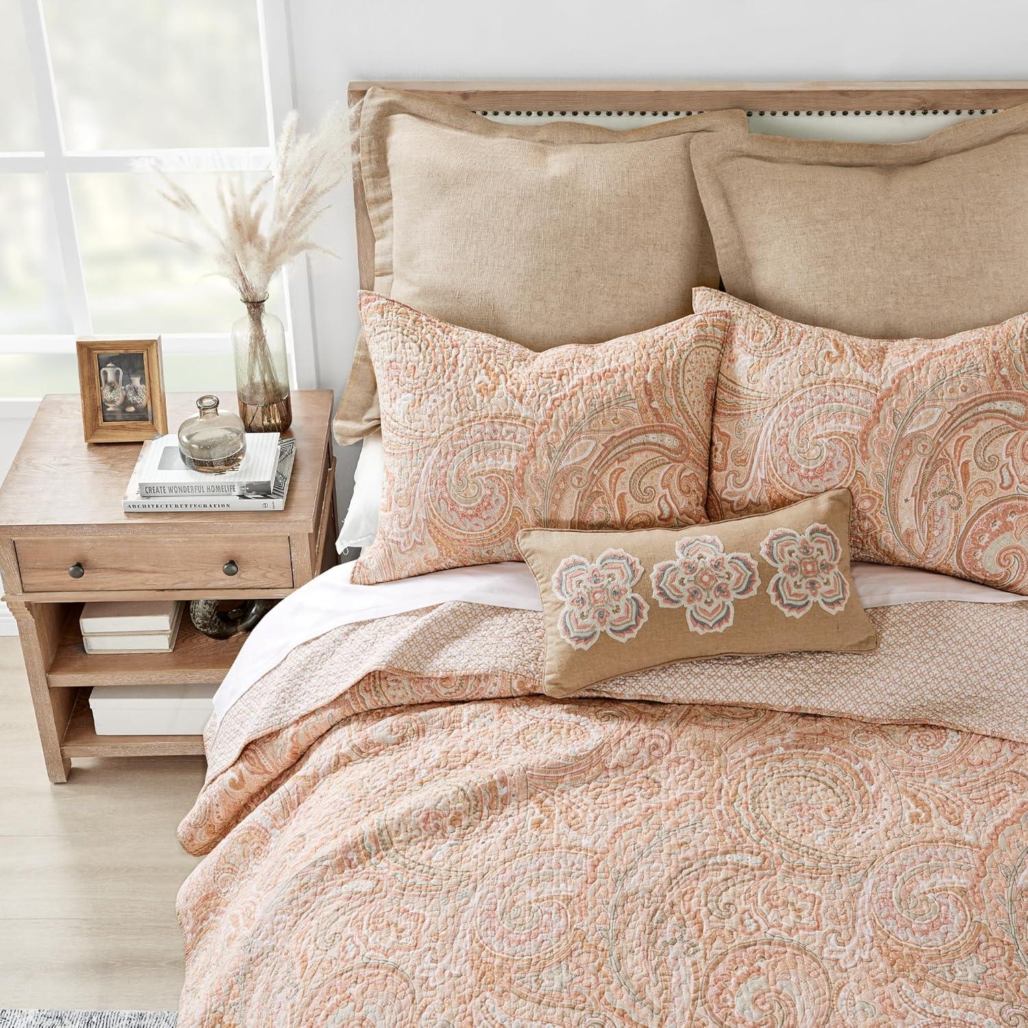 Spruce Coral Quilt Set - One King Quilt and Two King Shams - Levtex Home