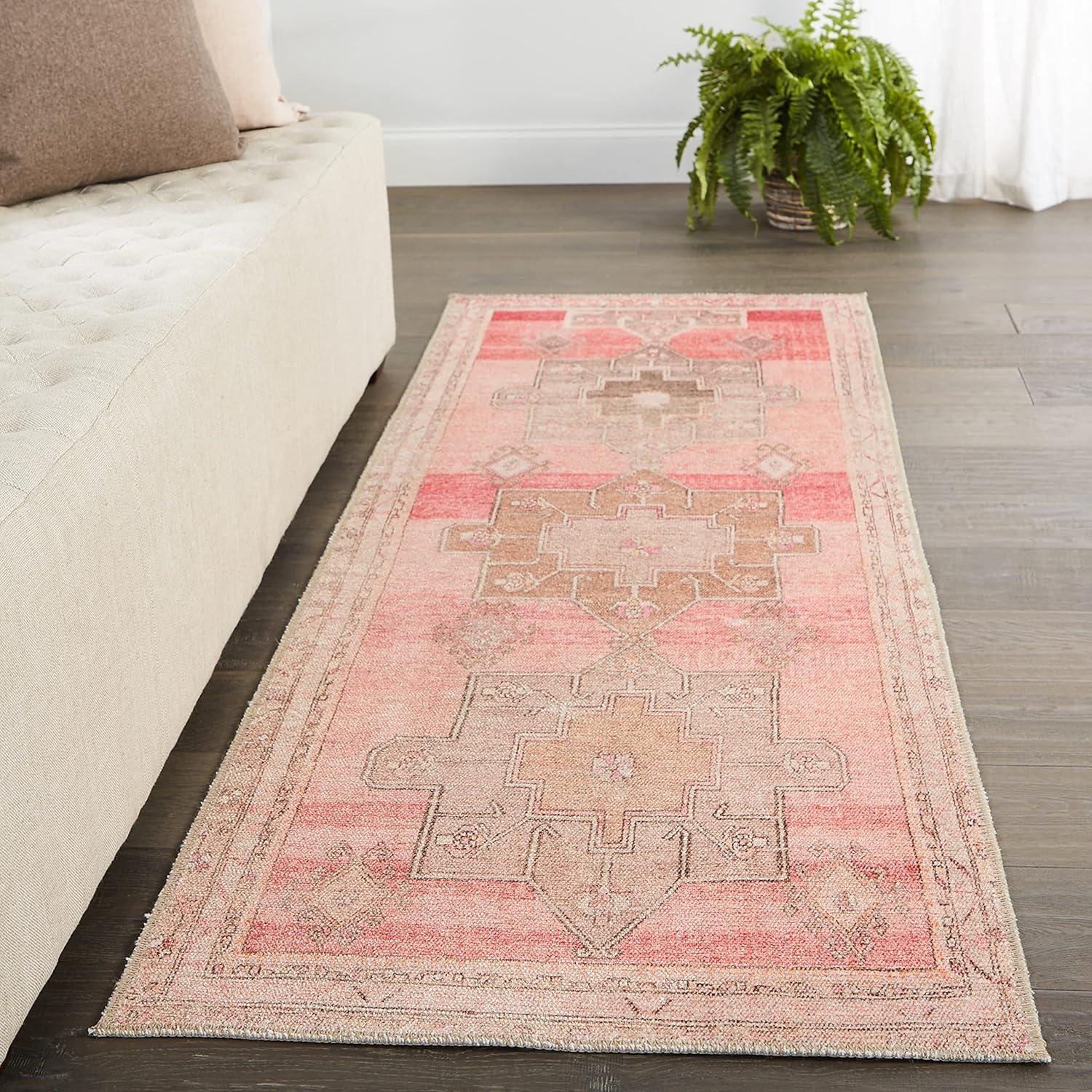 Gray and Pink Synthetic Medallion Rectangular Rug, 5' x 7'