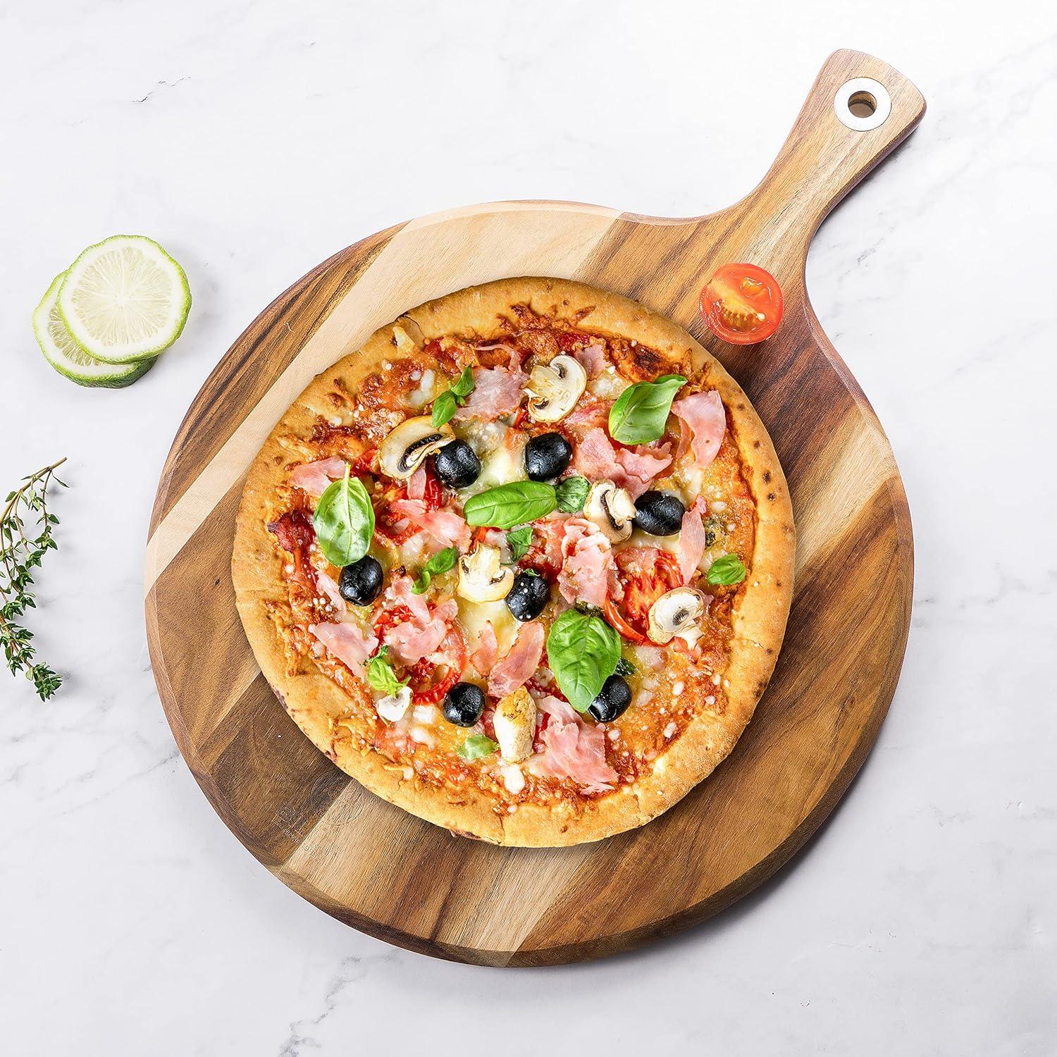 Acacia Wood Pizza Peel,12” Cutting Board, Cheese Paddle Board, Bread and Crackers Platter for Serving and Minor Food Prepare with Handle - 16 x 12 x 0.5 Inch