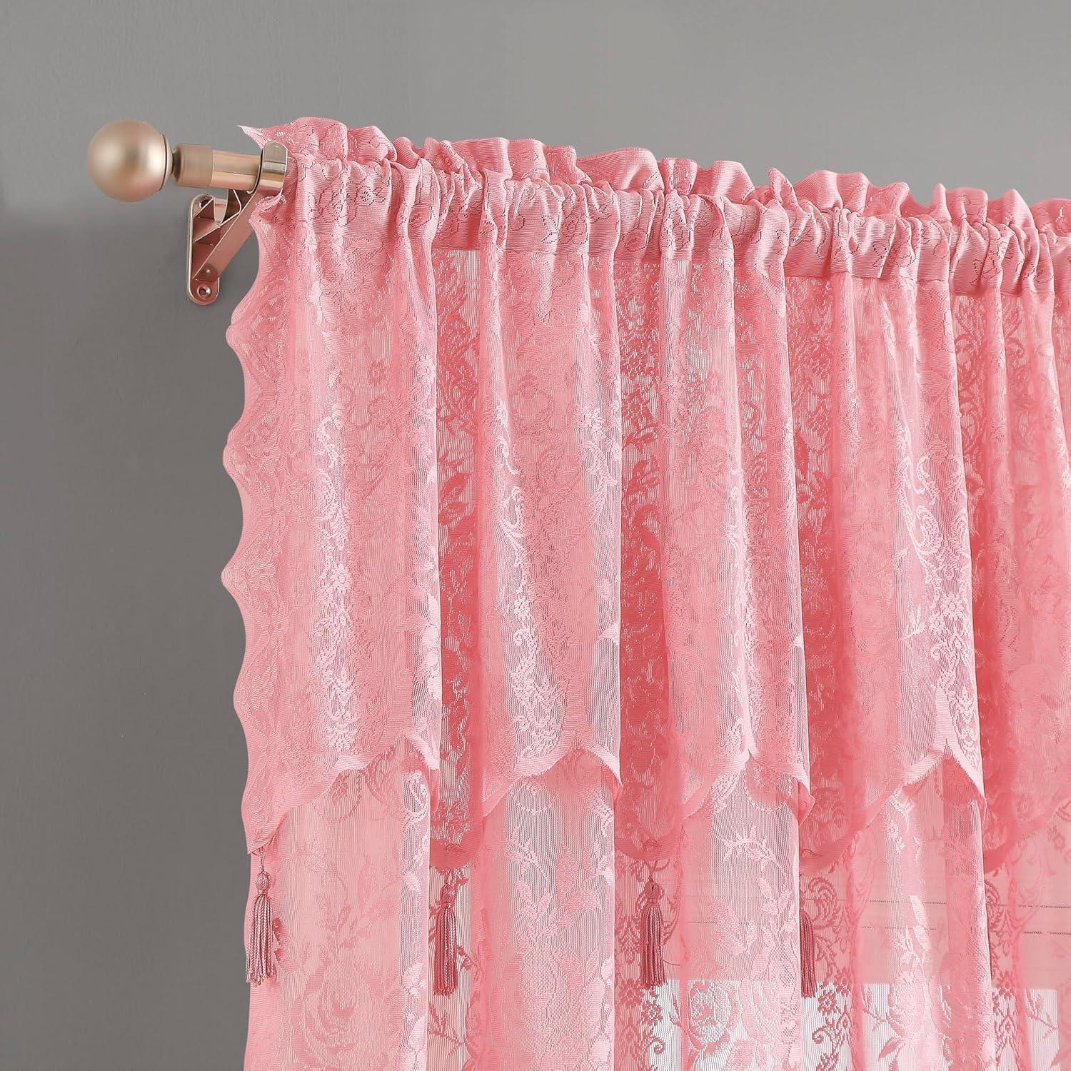 Rosdorf Park Rosdorf Park Pair Of 2 Sheer Lace Curtain Panels with Attached Matching Valance With 6 Tassels. (Set of 2)