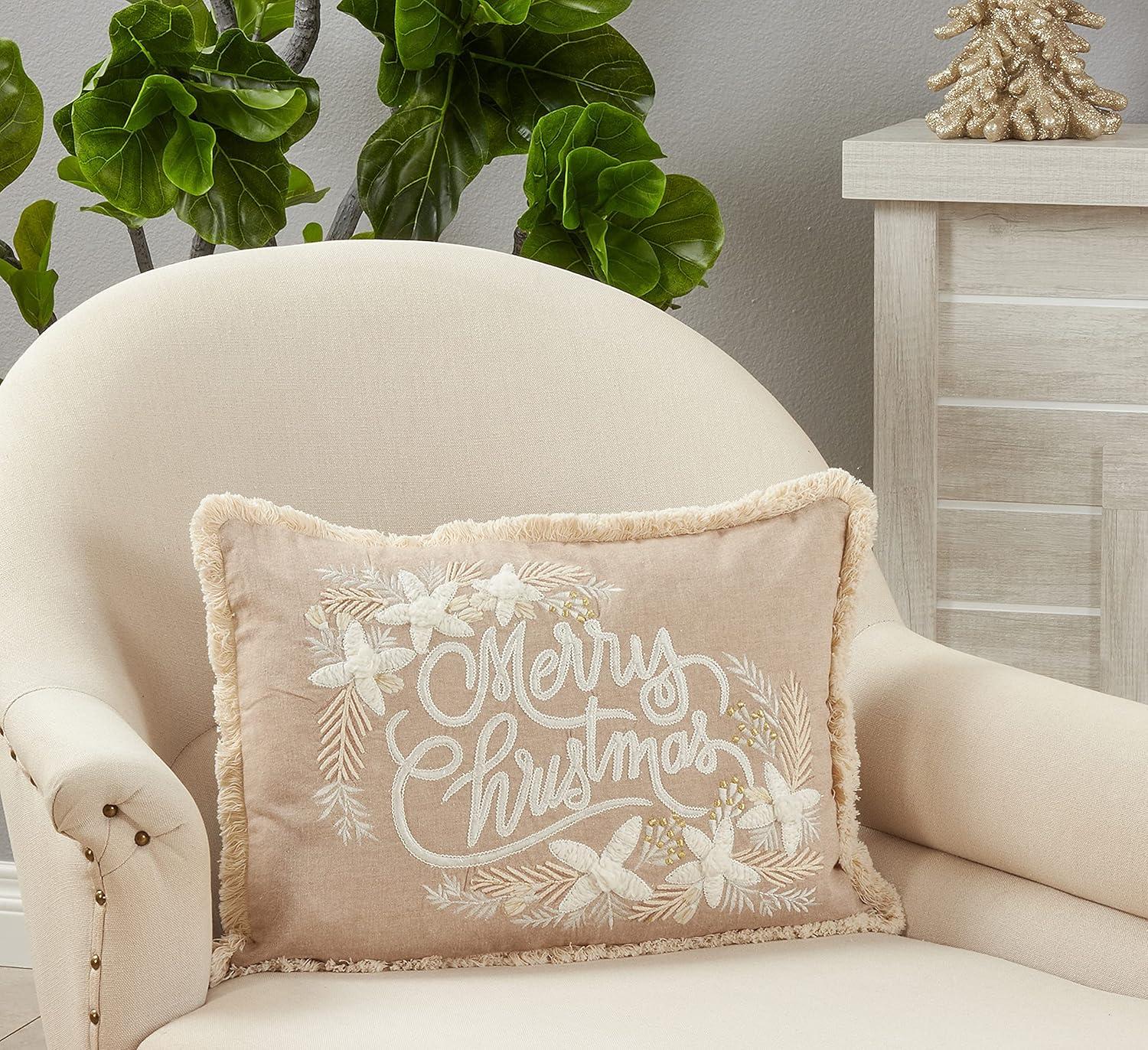 Saro Lifestyle Embroidered Merry Christmas  Decorative Pillow Cover, Natural, 14"x20"