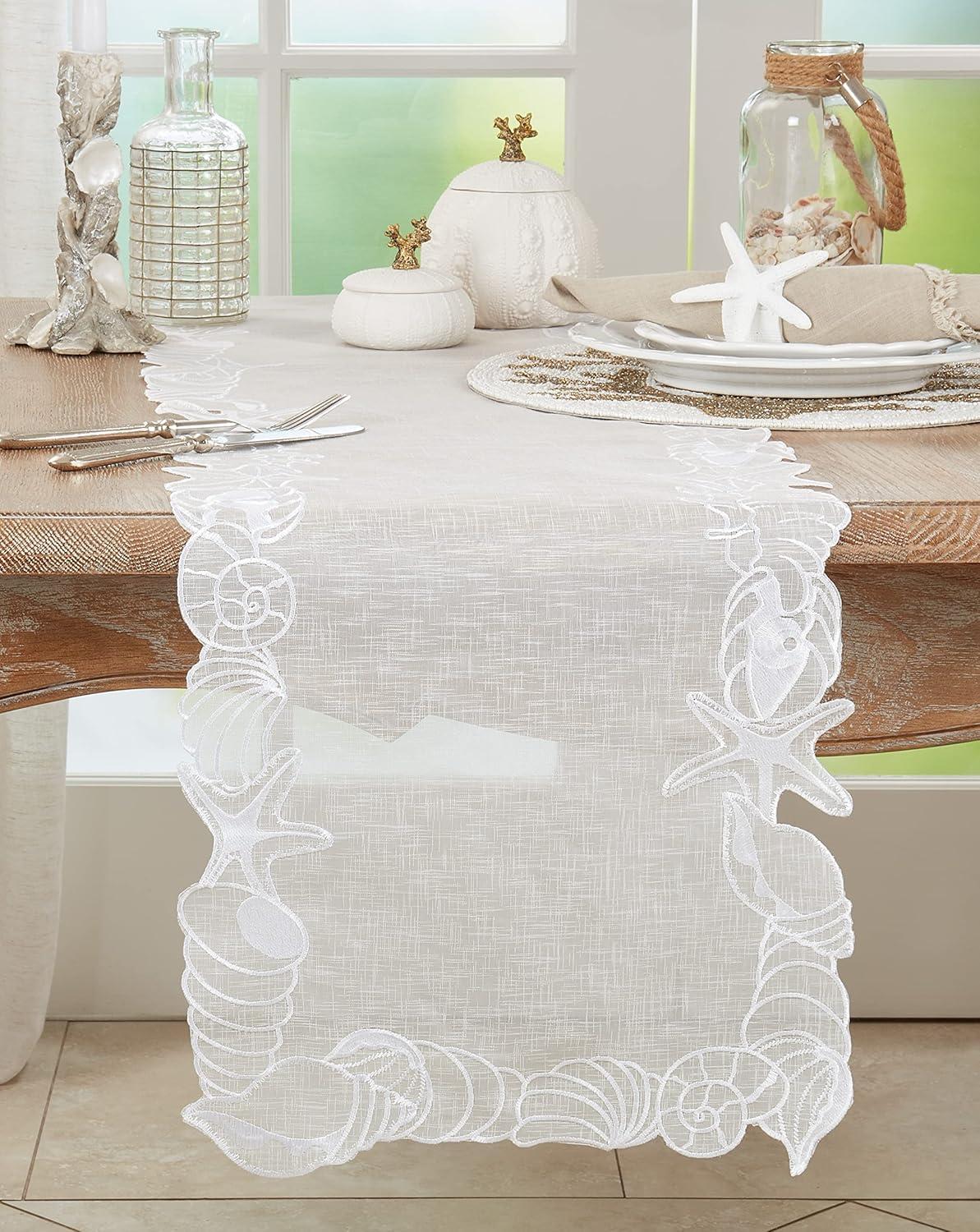 Saro Lifestyle Table Runner with Embroidered Seashells Design, 14"x72", White