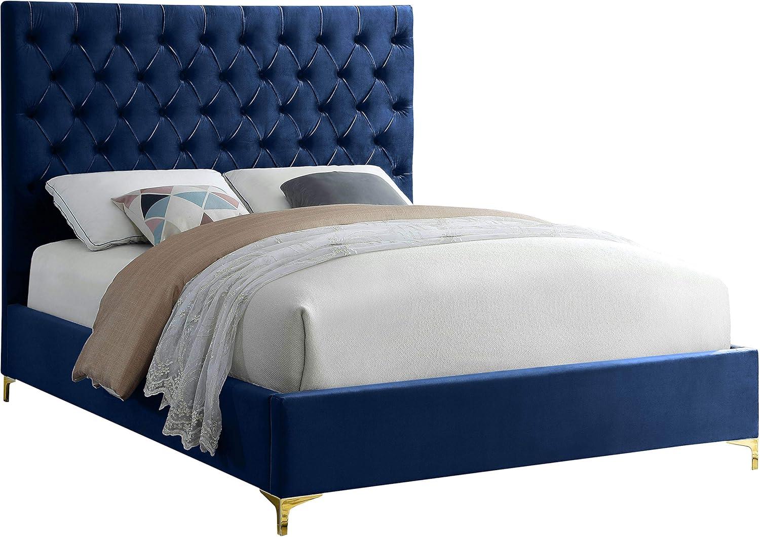 Meridian Furniture Cruz Solid Wood Tufted Velvet Queen Bed in Navy