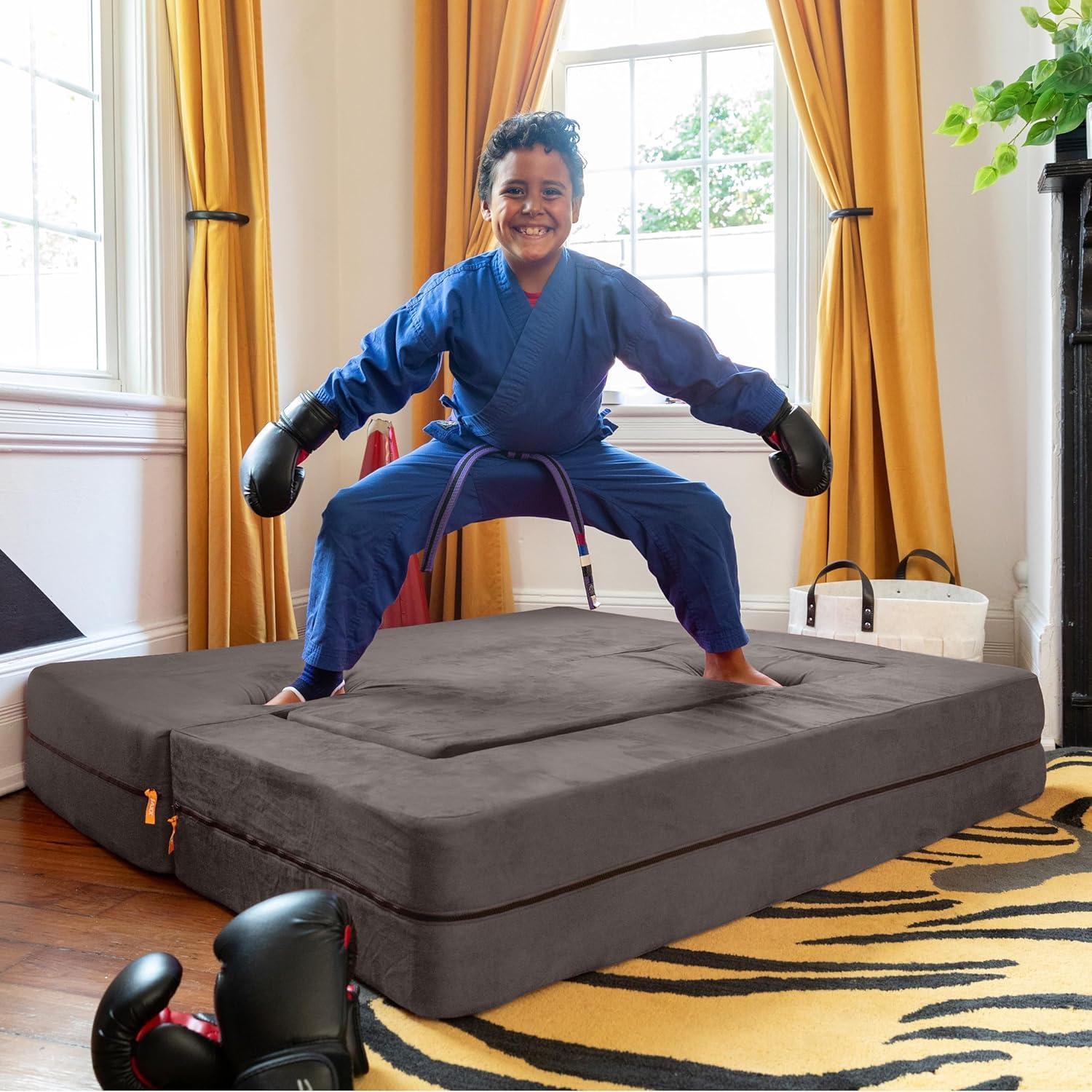 Jaxx Zipline Kids Sofa & Large Ottoman, 3 in 1 Fold Out Sofa, Big Kids Edition, Charcoal