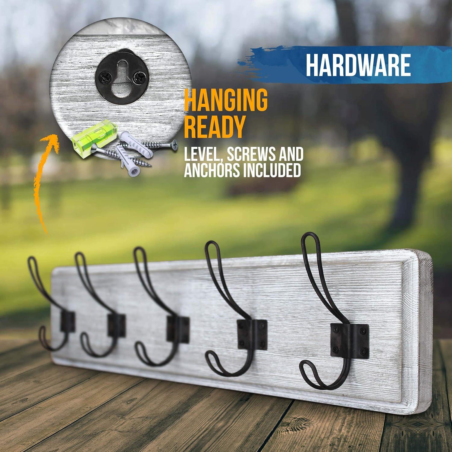 HBCY Creations Rustic Coat Rack with 5 Hooks - White Wash Wall Mount 24" Coat Rack - Solid Pine Wood Entryway Hanger - Farmhouse Coat Rack for Kitchen, Bedroom