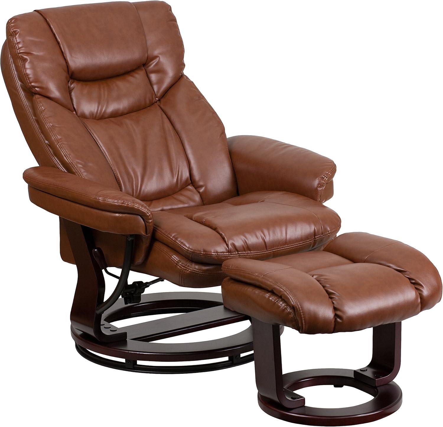 Flash Furniture Contemporary Multi-Position Recliner and Curved Ottoman with Swivel Mahogany Wood Base