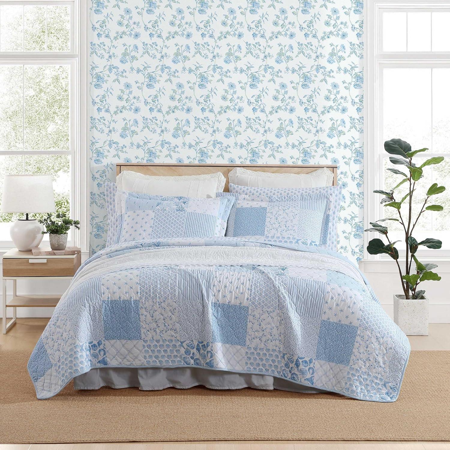 Laura Ashley Colleens Coastal Patchwork Cotton Blue Quilt Set