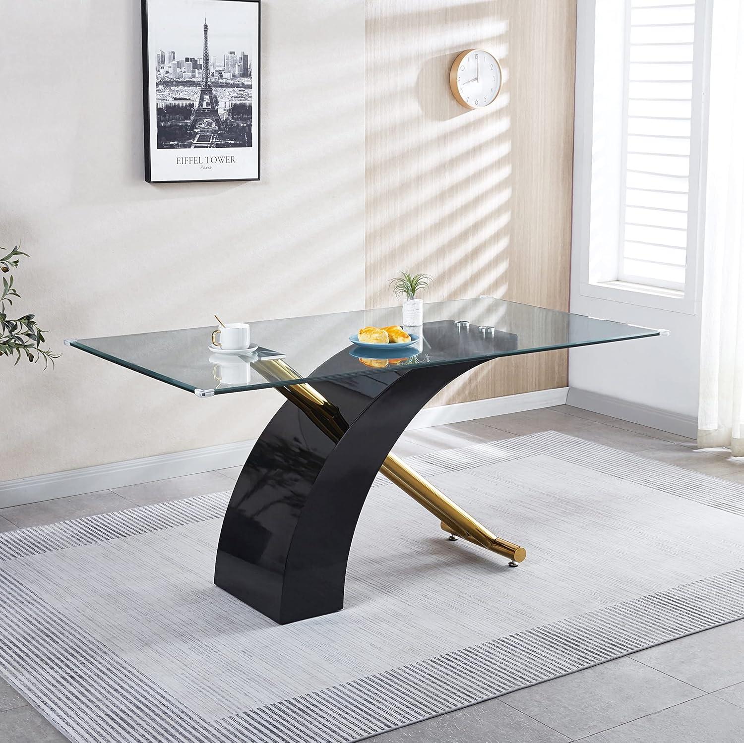 Modern Black and Gold Glass Dining Table with Curved Base