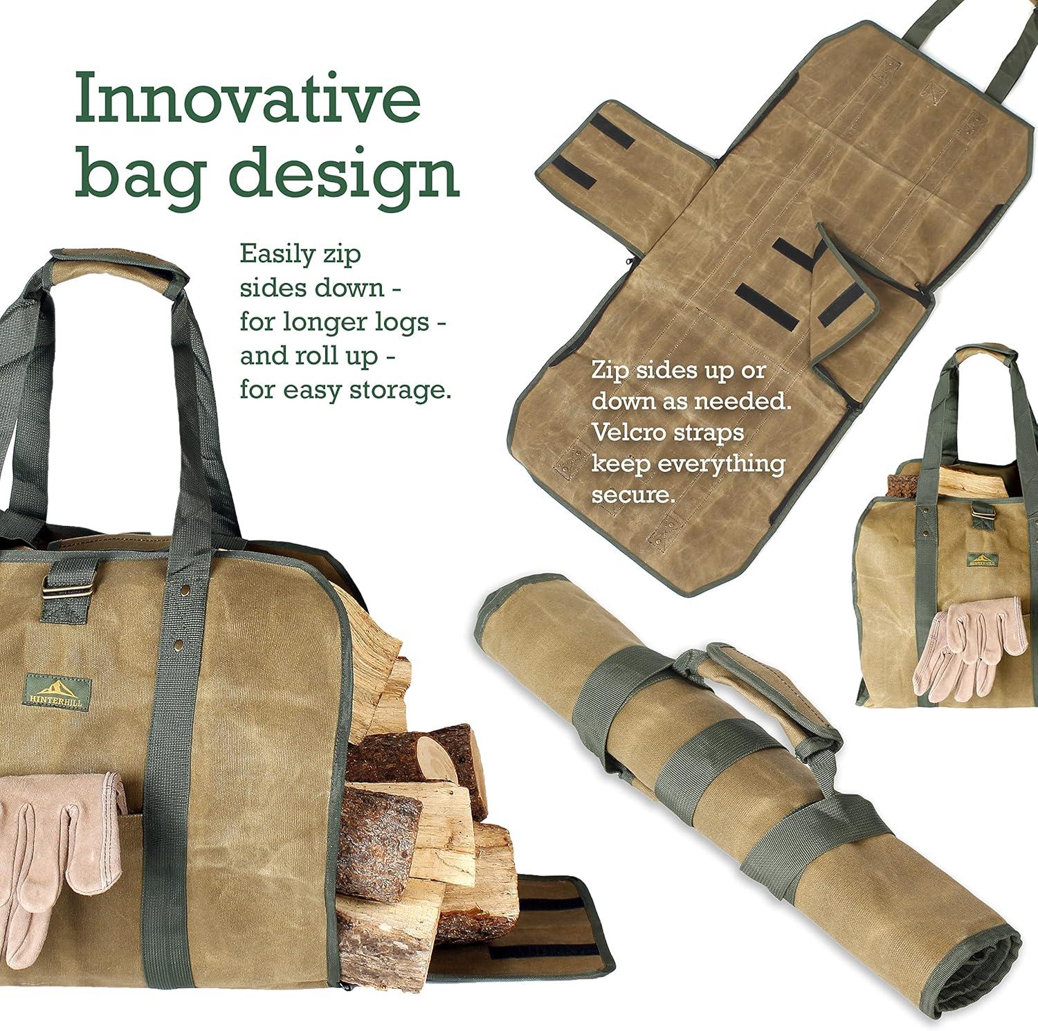 HinterHill 2-in-1 Firewood Carrier Bag Heavy-Duty Waxed Canvas. Adjustable Log Carrier with Zip up or Down Sides for Longer Logs and to Keep Dirt and Debris Inside the Bag.