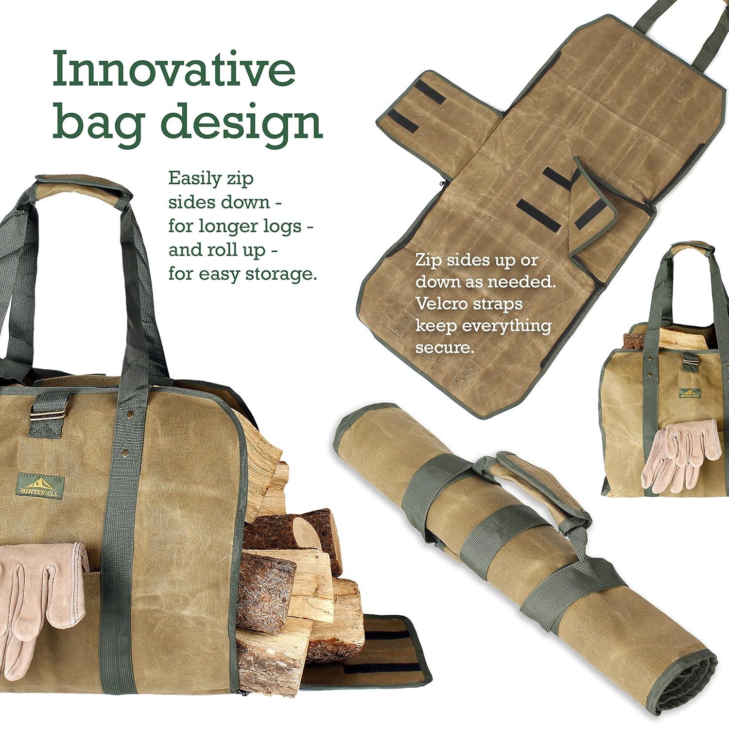 HinterHill 2-in-1 Firewood Carrier Bag. Adjustable Canvas Bag with Zip-Down Sides for Fireplace Wood