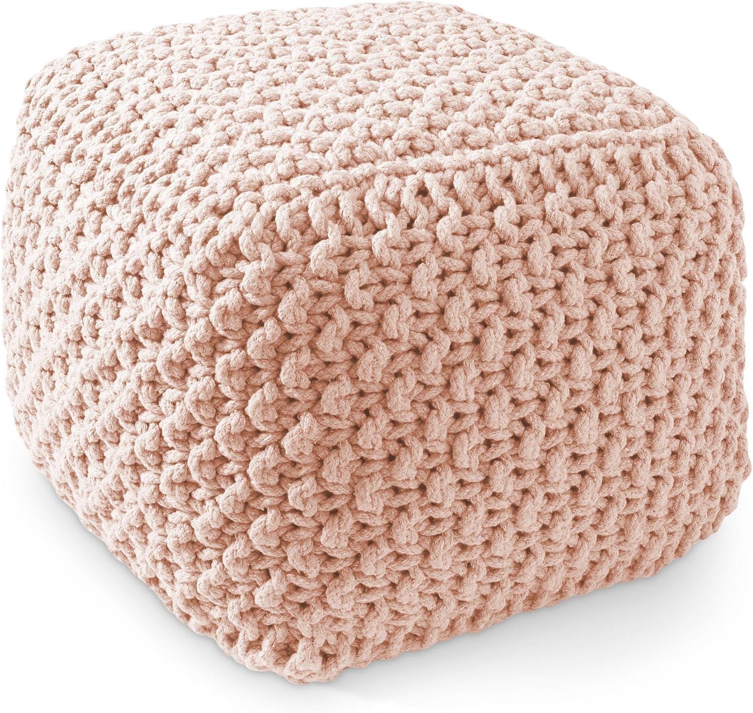 Casafield Square Pouf Ottoman, Light Pink - 18.5" W x 18.5" D x 14.5" H Cotton Knit Foot Stool - Boho Floor Pouffe for Living Room